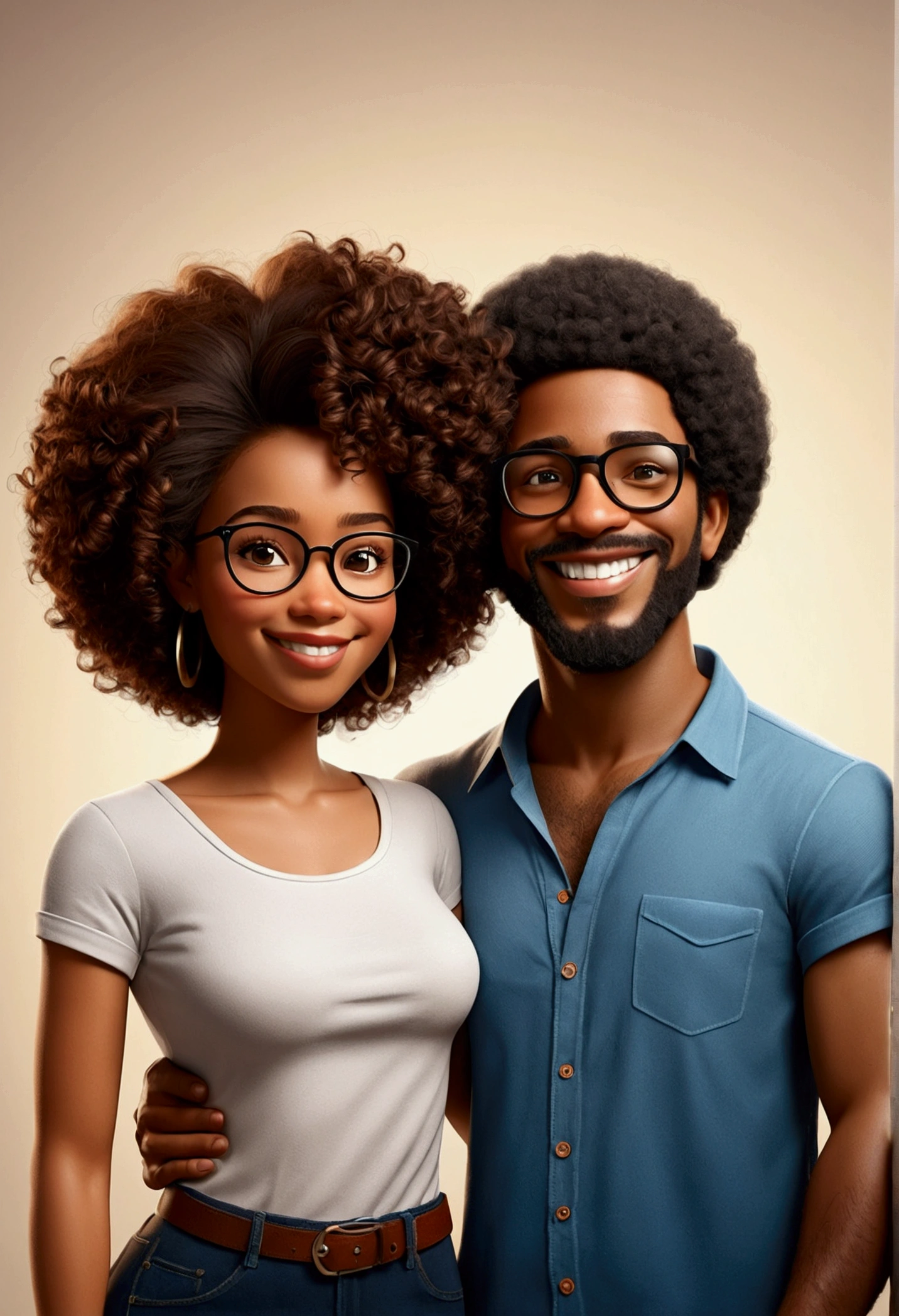 An illustration of an adorable afro american couple, formed by a short woman, with beautiful expressive eyes - the man's skin is brown and the man's hair is black and he wears a beard and glasses, while the woman's skin is afro americane and the woman's hair is curly. They are a bright room, each with a smile on their face, and share a special moment characterized by love, Perceptions. Illustrate this scene from a perspective where they are facing the camera, Smiling and showing your connection. Develop this art in Full HD, Focus on your cinematic flair, Estilo Disney Pixar Animations