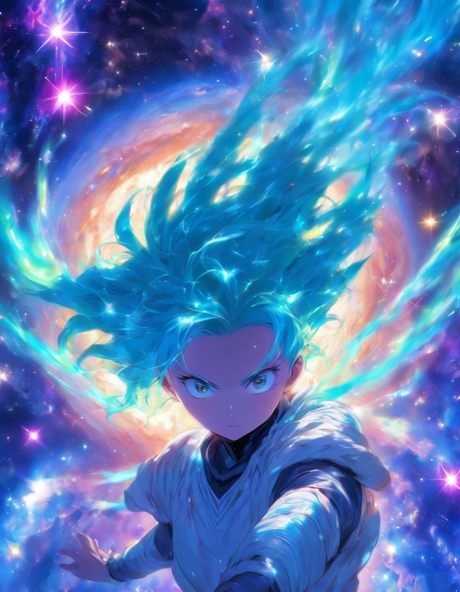 Highest quality, detailed, 4K, RAW Photos, masterpiece, detailed face,, performer, planet, Milky Way, space,, a photo of アニセマー flying in space, Blue Hair, bangs, Long Hair, View your viewers, 