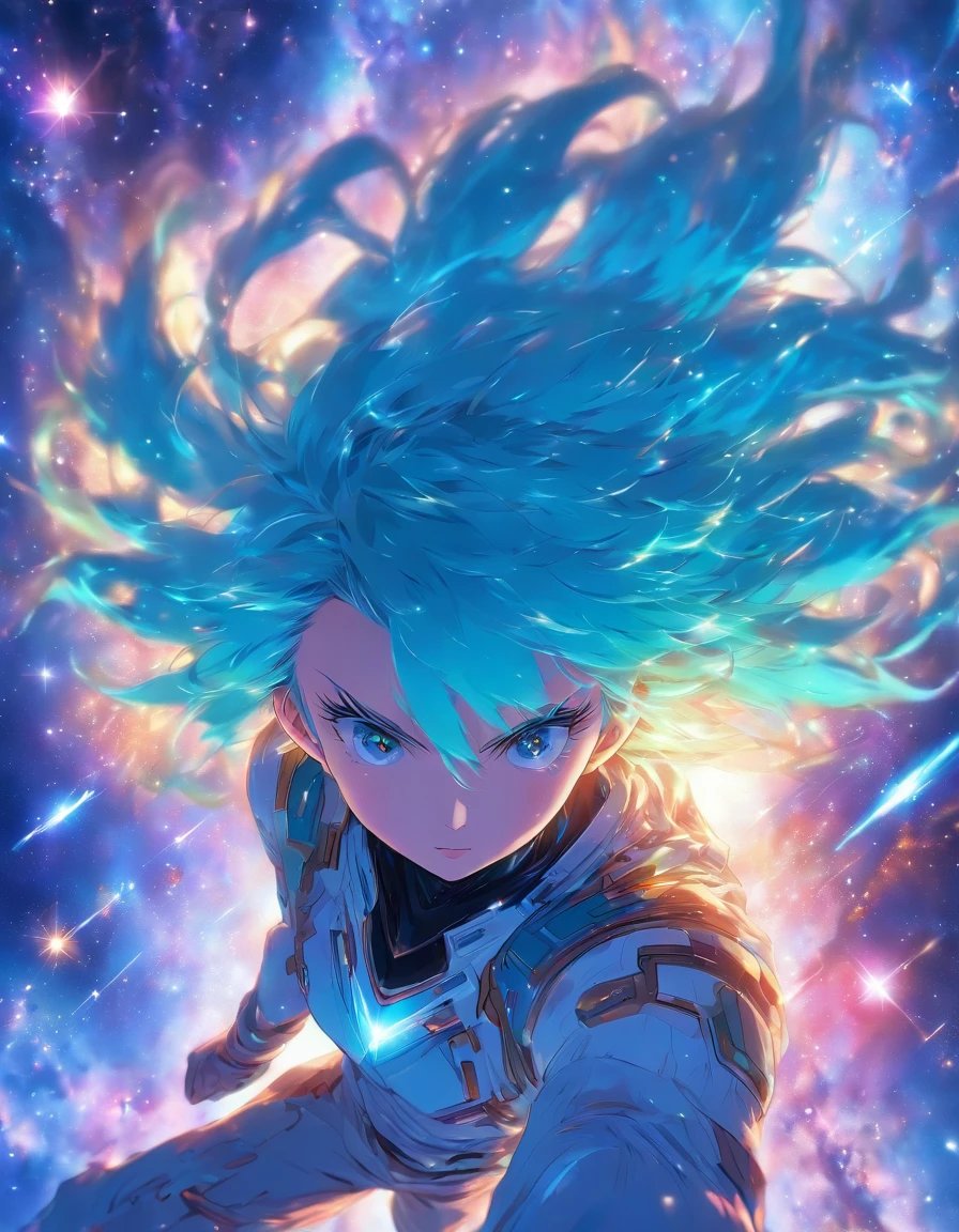 Highest quality, detailed, 4K, RAW Photos, masterpiece, detailed face,, performer, planet, Milky Way, space,, a photo of アニセマー flying in space, Blue Hair, bangs, Long Hair, View your viewers,