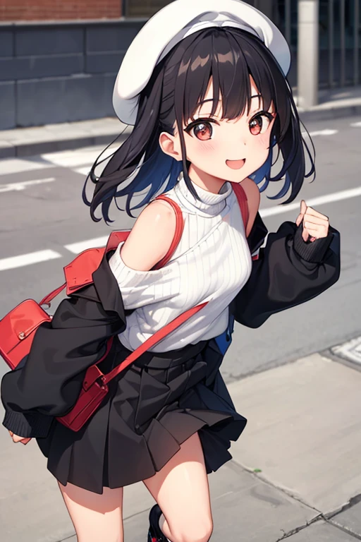 1 girl、bag、Upper Body、Street、bangs、Shoulder Bare、beret、Black footwear、黒いhat、smile、passionate、ハンドbag、hat、durability、Long sleeve、looking at the camera、Off the shoulder、shoes、skirt、Sleeves above the wrist、shoes下、solo、sweater、White legwear、Are standing、Side view、