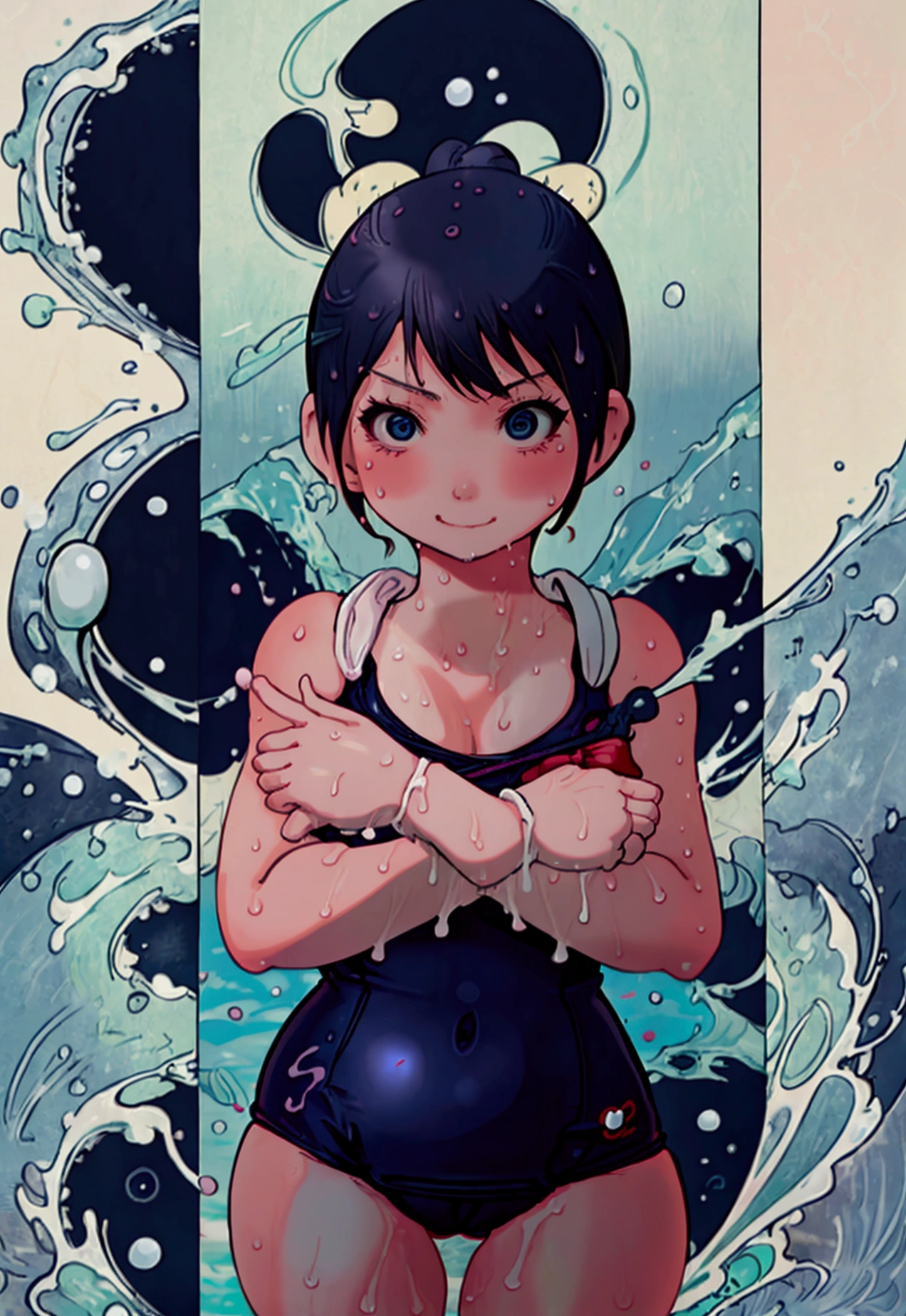 (RAW Photos:0.9), (Realistic), Beautiful detailed girl, Very detailed目と顔, Beautiful and beautiful eyes, Large file size, High resolution, Very detailed, Highest quality,, Consciousness upward, Two Arms、Correct anatomy、, Highest quality, 1 girl, ,Chubby body type, Large and firm breasts、、Cute droopy eyes、Beautiful big eyes、Sweaty and wet、outside、(My whole body is wet:1.2)、short hair、high school girl、(Japanese School Swimsuit、Navy blue one-piece swimsuit、Navy blue Japanese student swimsuit:1.3)、Under the blazing sun、sunlight、Large pool、Dynamic pose,Plump,Tight swimsuit、JunkoDG、A kind smile