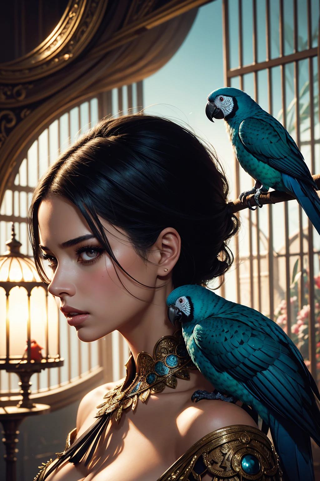 portrait Adriana Lima, wearing breasts parrot costume, against the background of a birdcage, character portrait, 3 9 9 0 s, short hair, intricate, elegant, highly detailed, digital painting, artstation, concept art, smooth, sharp focus, illustration, art by wlop, charlie bowater and alexandra fomina, 36k