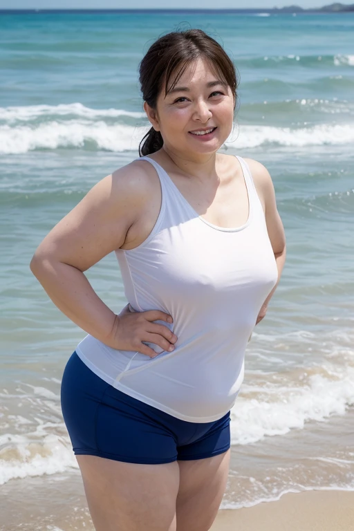 Aunt in Osaka、Organic Photography、best quality、masterpiece、Ultra-high resolution、Beautiful old lady、50 years old、Elegant face,Happy and charming,Smile,Wear a tank top,sports Shorts,Huge sagging of breast contour,Hair Bunch、High Ponytail,Real skin texture,on the beach,Show off your plump thighs,Standing,at the seaside,Background blur