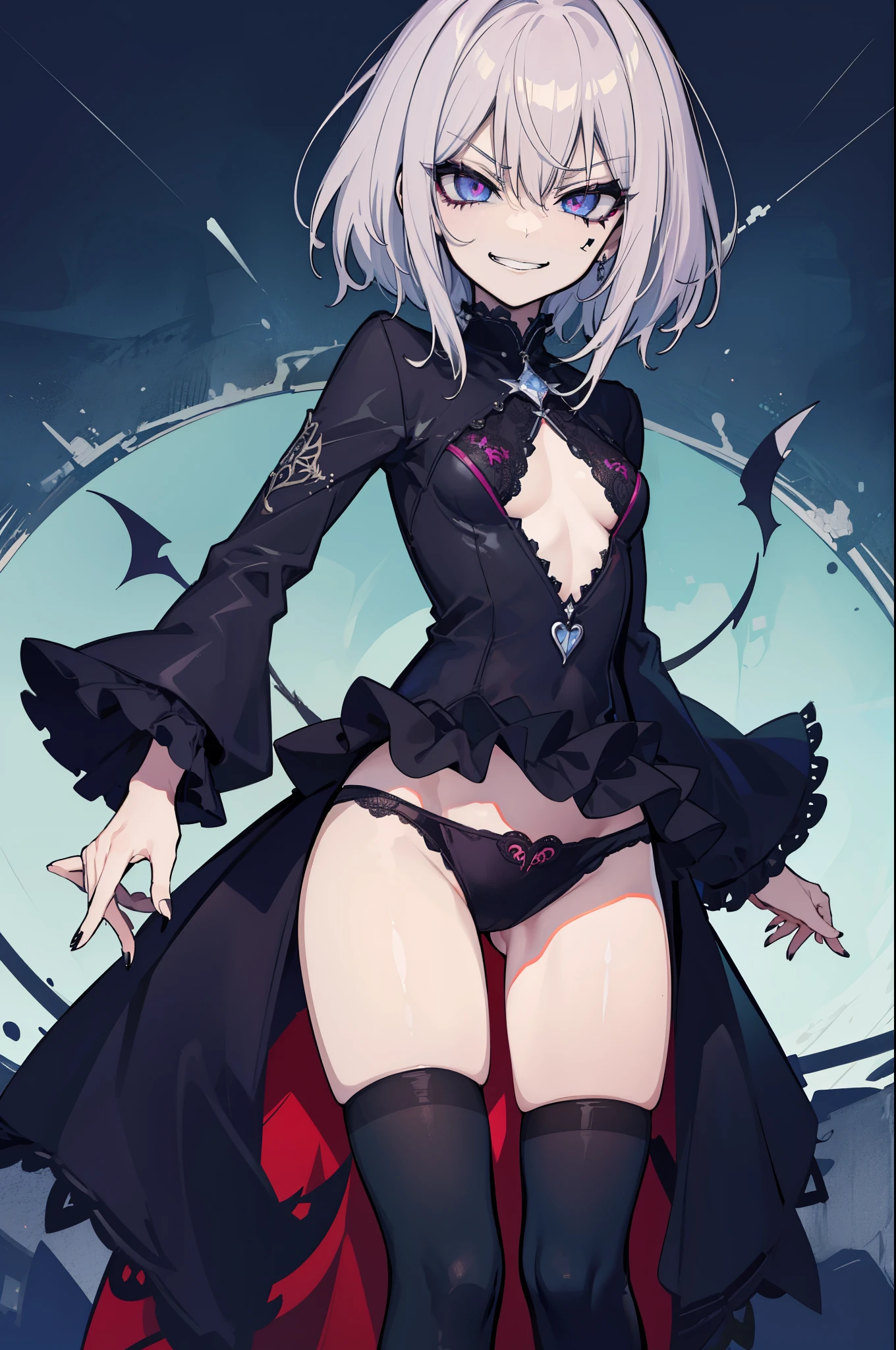 (hentai:1.1), (Ideal:1.1), (perfect:1.1), (flawless:1.1), (highest quality:1.2), (best quality:1.2), 1girl, (dark goth:1.1), punk girl, goth clothes, dark girl, dark makeup, (evil smirk:1.2), (scary smirk:1.2), lewd pose, detailed body, sexy thighs, big things, small breasts, short hair, highly detailed eyes, highest quality eyes, 4K, highest quality resolution, best quality resolution, best quality upscale,