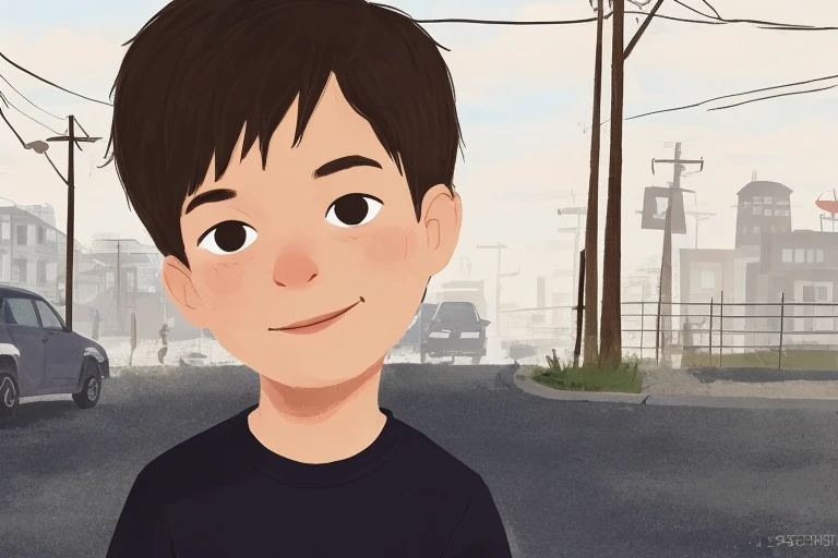 a boy named Alex (full body, clear face) standing in front of a polluted street - Children's Book illustrations