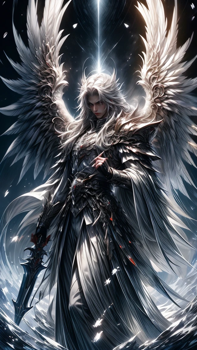 Masterpiece, best quality, high resolution, highly detailed, male, 1 man ( early twenties ), Good looking face,  white long flowing hair ( light in the hair), silver colored eyes ( eyes that glow ), serious expression ( cold look ), pale white skin, the has large angel like wings on his back ( pay attention to the wings ), wearing a white hoodie, and white pants, black watch, surrounded by the splendors of the earth, wearing a bulky white colored armor and holding two big swords, pay attention to stunning details, and achieve a resolution of 128k, floating in a dynamic pose, high quality, with a majestic aura of authority.