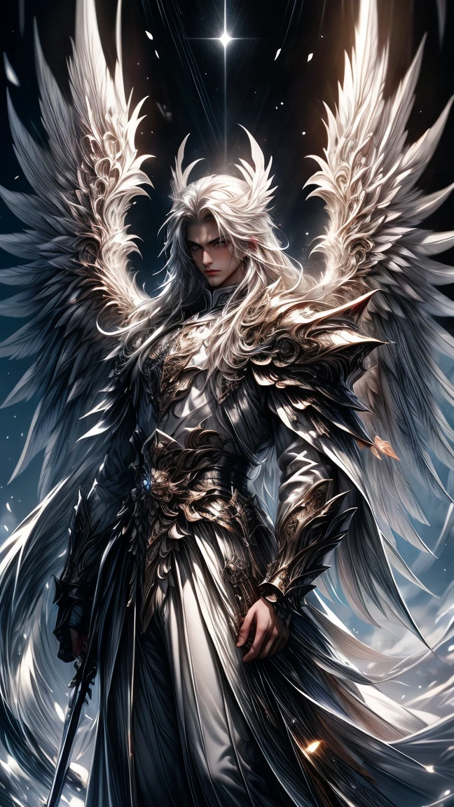 Masterpiece, best quality, high resolution, highly detailed, male, 1 man ( early twenties ), Good looking face,  white long flowing hair ( light in the hair), silver colored eyes ( eyes that glow ), serious expression ( cold look ), pale white skin, the has large angel like wings on his back ( pay attention to the wings ), wearing a white hoodie, and white pants, black watch, surrounded by the splendors of the earth, wearing a bulky white colored armor and holding two big swords, pay attention to stunning details, and achieve a resolution of 128k, floating in a dynamic pose, high quality, with a majestic aura of authority.