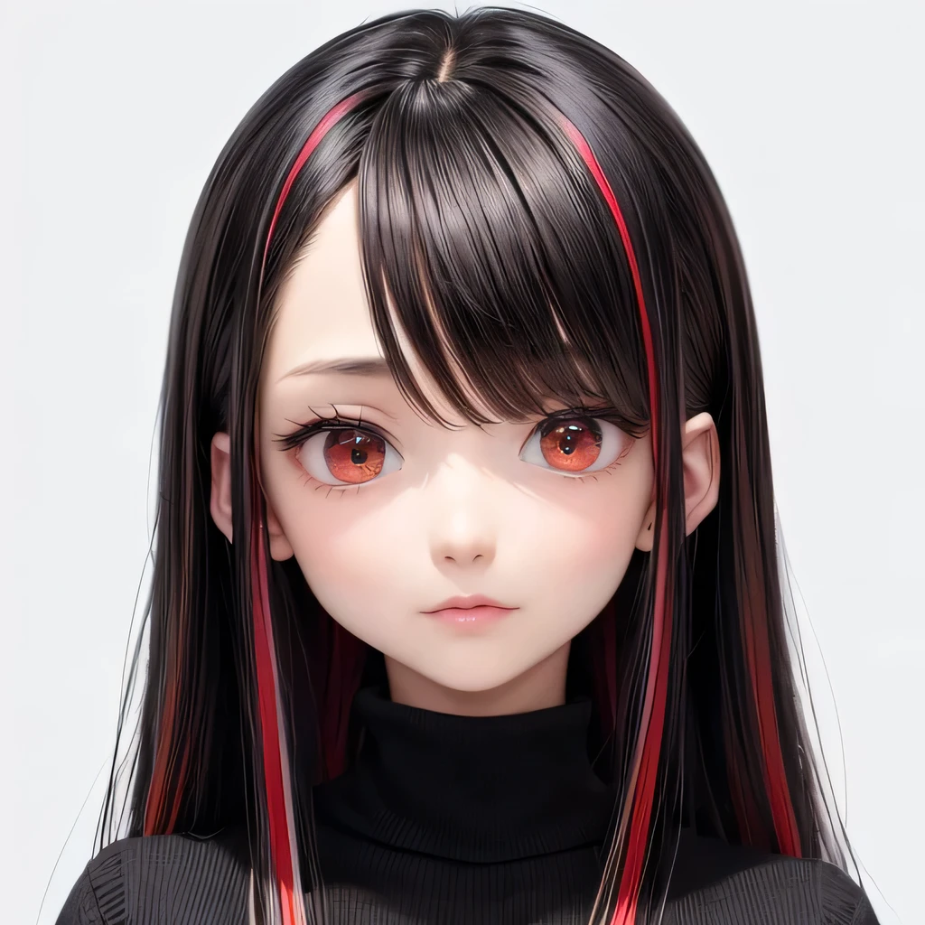 masterpiece, best quality, 8K, Very High Resolution, ((an anime girl, 21 years old), ((simple background)), (portrait, front view, straight-on: 1.3), tan, sweater BREAK black long hair, red streaked hair, highlights hair, red eyeballs