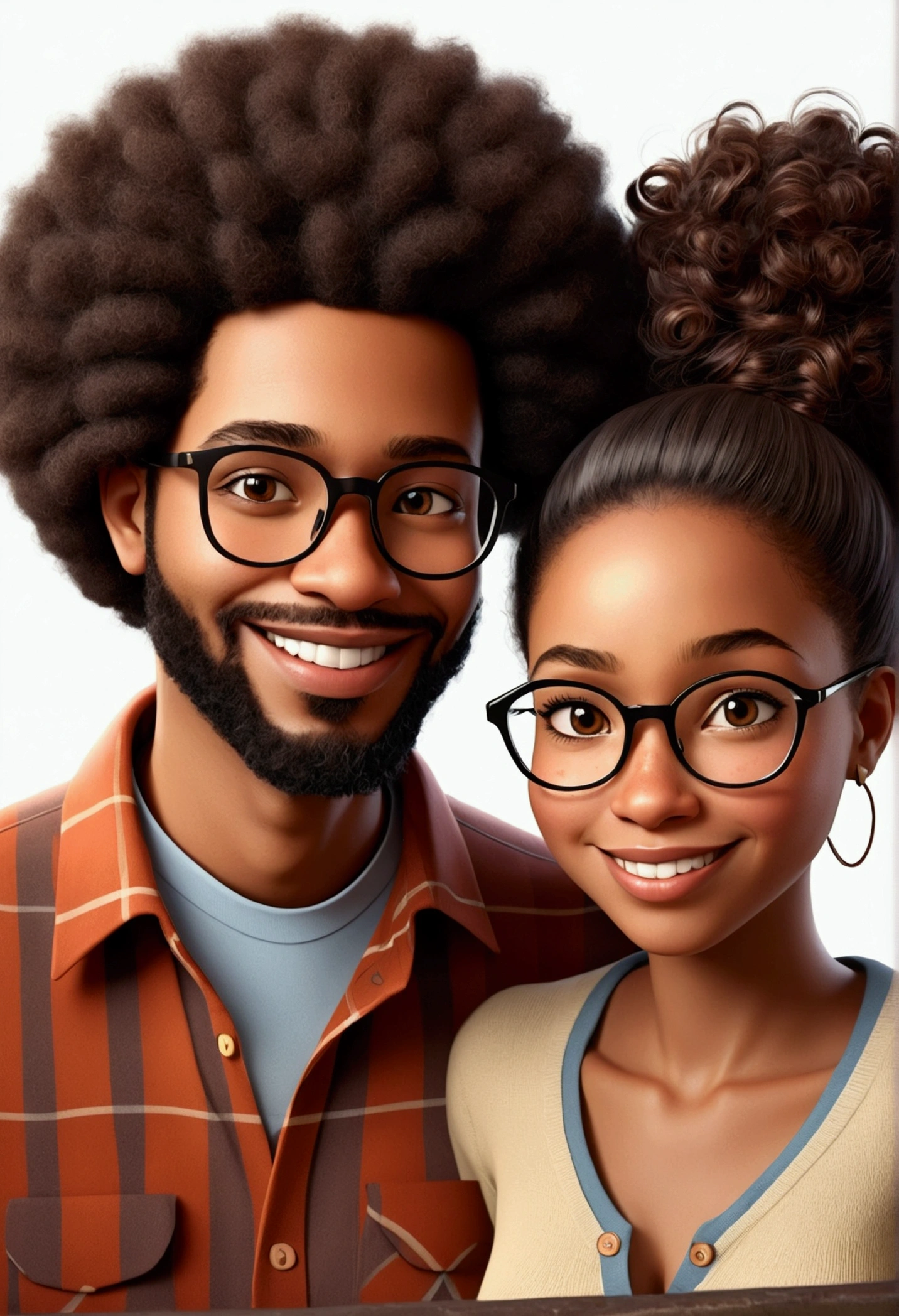 An illustration of an adorable afro american couple, formed by a short woman, with beautiful expressive eyes - the man's skin is brown and the man's hair is black and he wears a beard and glasses, while the woman's skin is afro americane and the woman's hair is curly. They are a bright room, each with a smile on their face, and share a special moment characterized by love, Perceptions. Illustrate this scene from a perspective where they are facing the camera, Smiling and showing your connection. Develop this art in Full HD, Focus on your cinematic flair, Estilo Disney Pixar Animations