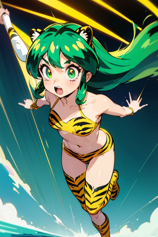 Ram、Urusei Yatsura、アグネス・Ram、(Bikini tiger print).((Small Corner)).(Eyeshadow Green).Tiger print bikini、(It has small yellow horns on its head).Long Hair、(No tiger ears needed).((Both arms、Tiger pattern arm cover)).(Tiger print boots)、Demon Horn、Drooping eyes、(8k).(Double teeth).(Green eyes).(Urusei Yatsura).(Ram)、((No tiger ears)).((Small horn)).(Glamour)、Lum.