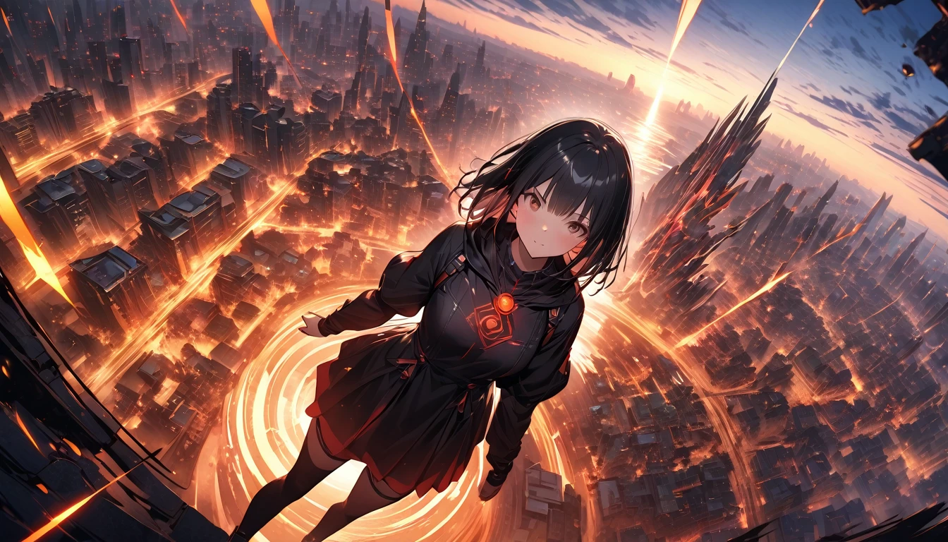 Breathtaking graphics, angle from the ground, shooting epic shots: a huge magic rune hovering over the city, breathtaking landscapes and impressive lighting effects that create impressive visual impressions, the destruction of the city, ((view from the ground: 1.2)), ((a girl with black hair in the foreground:1.2))