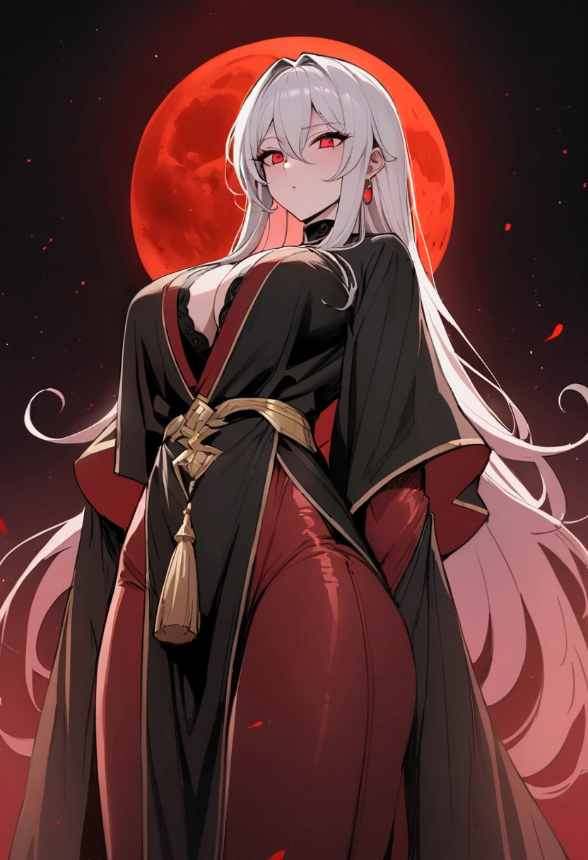 masterpiece, best quality, ruby red eyes, large breasts, beautiful woman dressed in black murim robes,long silver hair, standing high above in the sky, a blood moon in the dark background, Manhwa style