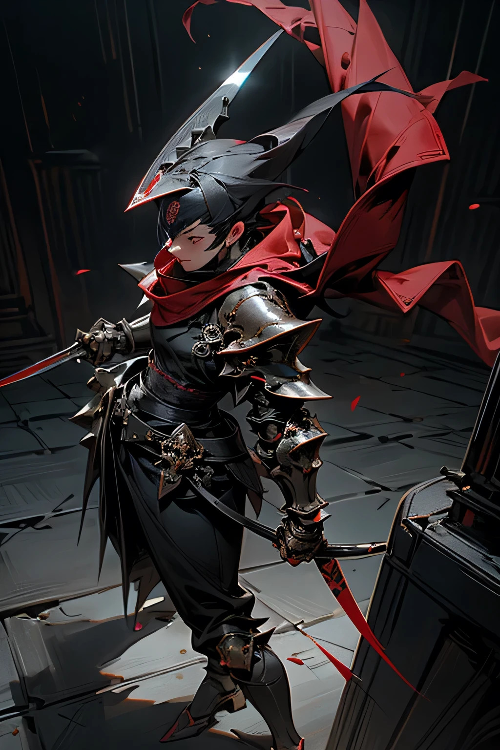 ninja, mechanical, heavy metal, armor, darkness, wielding chained sickle, spikes, long red scarf, standing on top of a skyscraper, best quality, high resolution, 8k, dynamic lighting, rough texture, shadowing 