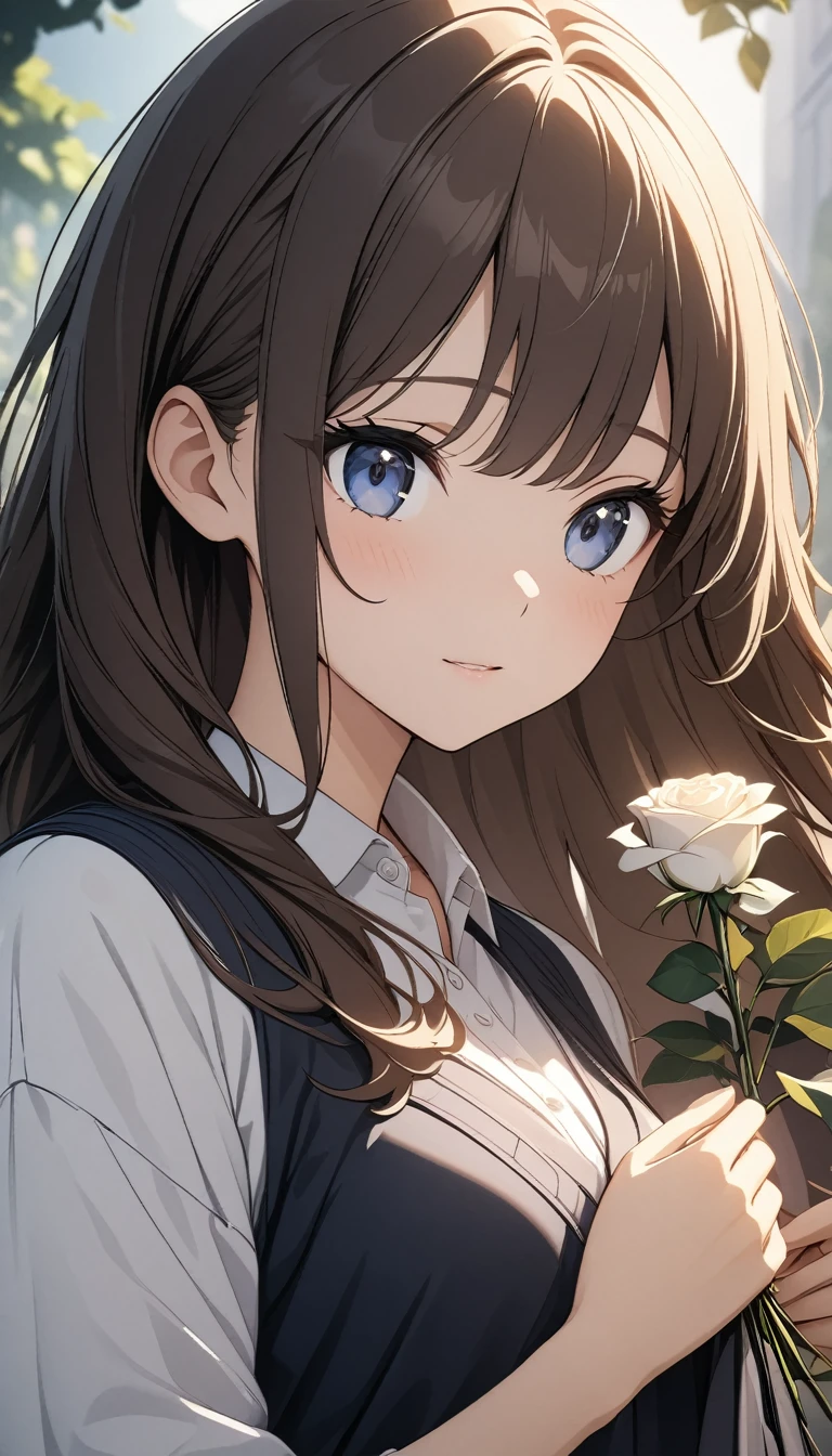 Intermediate View, Medium Shot, Shallow depth of field, Upper Body, front, masterpiece, Highest quality, Very detailed, CG, 8k wallpaper, Pretty face, Beautiful Eyes, girl, Lonely, Holding five white roses, Chestnut long hair, shirt, skirt