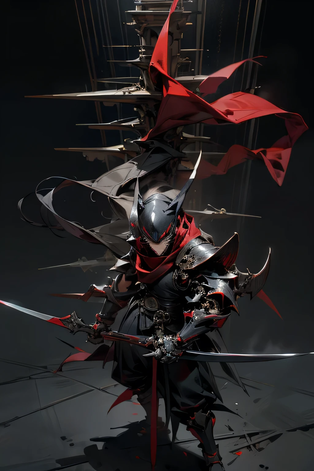 ninja, mechanical, heavy metal, armor, darkness, wielding chained sickle, spikes, long red scarf, standing on top of a skyscraper, best quality, high resolution, 8k, dynamic lighting, rough texture, shadowing