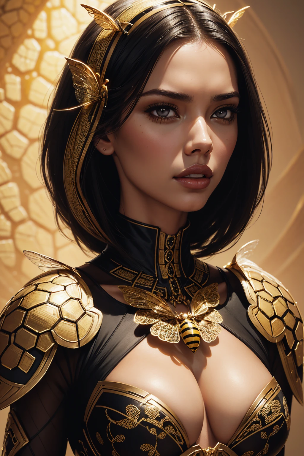 portrait Adriana Lima, wearing breasts bee costume, against the background of a beehive, character portrait, 3 9 9 0 s, short hair, intricate, elegant, highly detailed, digital painting, artstation, concept art, smooth, sharp focus, illustration, art by wlop, charlie bowater and alexandra fomina, 36k