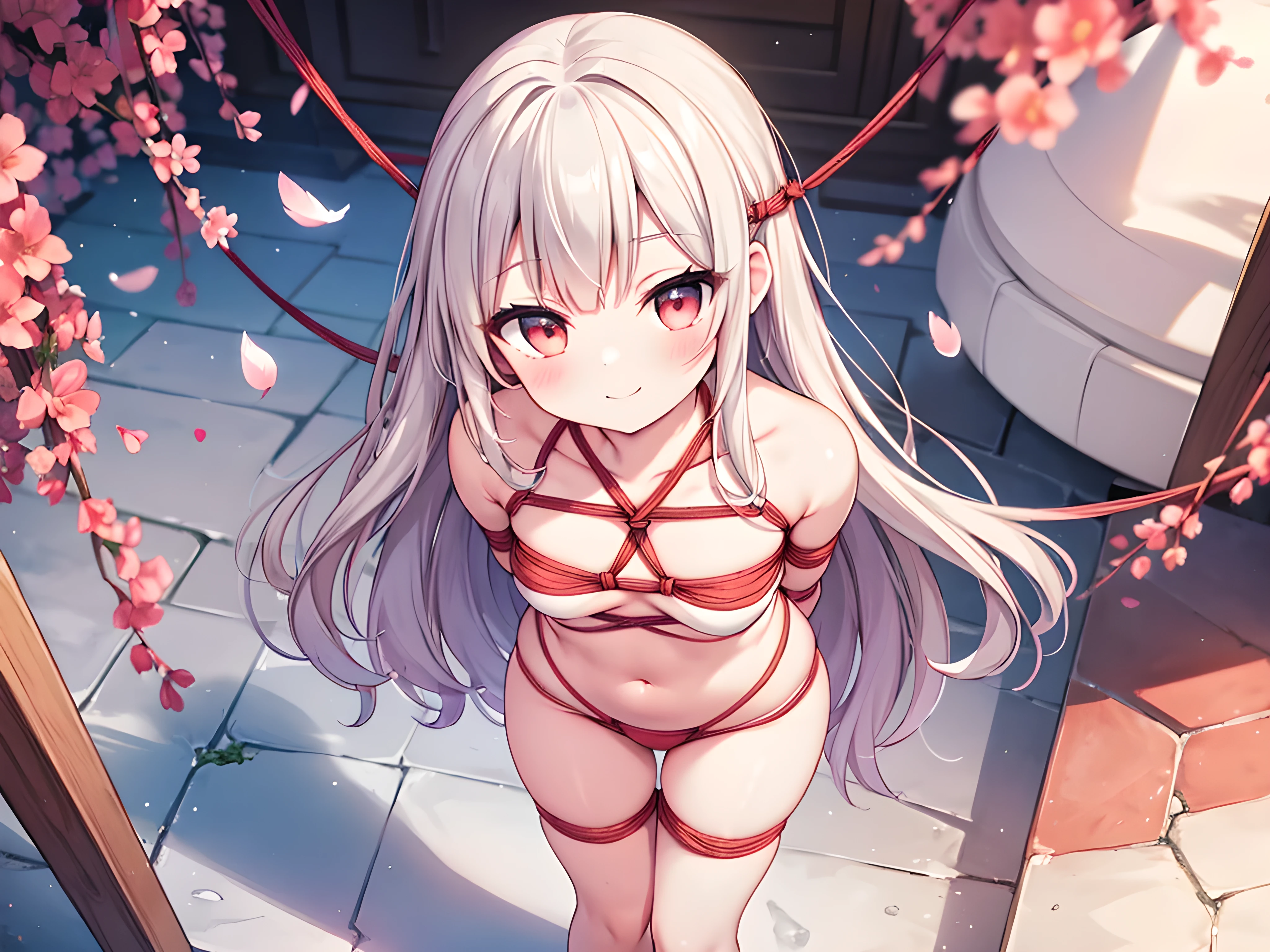 (wearing Feather Lingerie set, thin Lingerie, coral, from above,shibari,bondage,arms behind back, gentle smile, looking at viewer:1.3), BREAK (beautiful very long and thin thighs stretching straight from her small hip:1.3), (extreme close-up thighs), BREAK watercolor, reflection, highlight and shadow, ray tracing, dynamic angle, depth of field, 1000+ scatter petals,