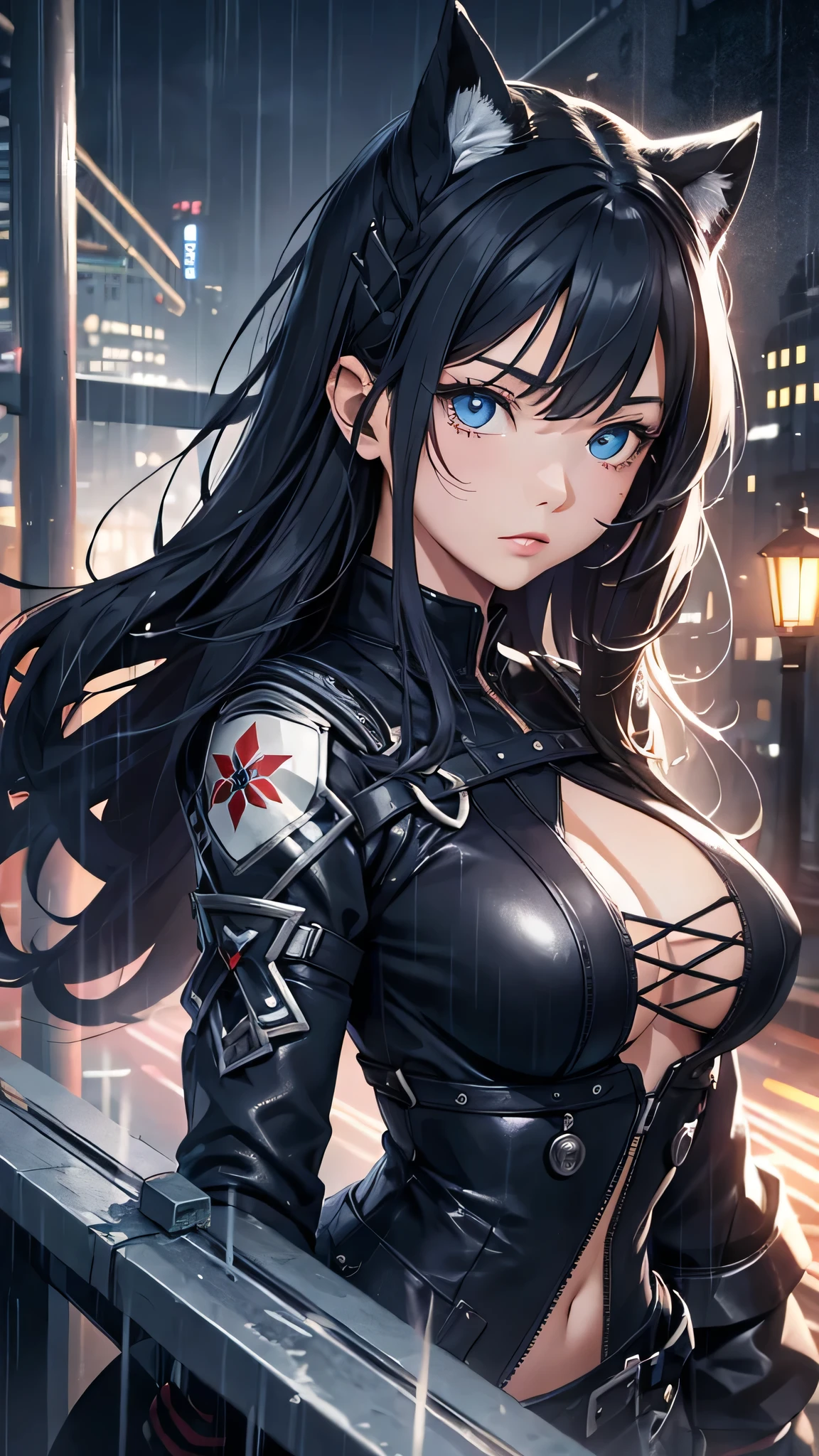 最high quality、Best image quality、masterpiece、With a girl((cute、、Best Bust、Medium Bust、Beautiful Blue Eyes、Spread your chest wide,Black Hair、Disheveled Hair、thin、Highest Valley、Black Ninja)）high quality、Beautiful art、background((night、heavy rain、City、Dark Clouds)),Tabletop、Exquisite design、Visual Arts、Written boundary depth、Best lighting、Highest detail、8ｋ