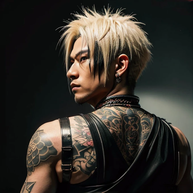 1 man, Japanese man, male, Asian eyes, muscular, broad shoulders, yakuza tattoos, hairstyle Visual Kei style, hair Visual Kei, black men's shirt and black pants, ultra detailed face, hyperrealistic, realistic representation, long hair, long hair, 30 years old, age 30 years, blond, blonde hair