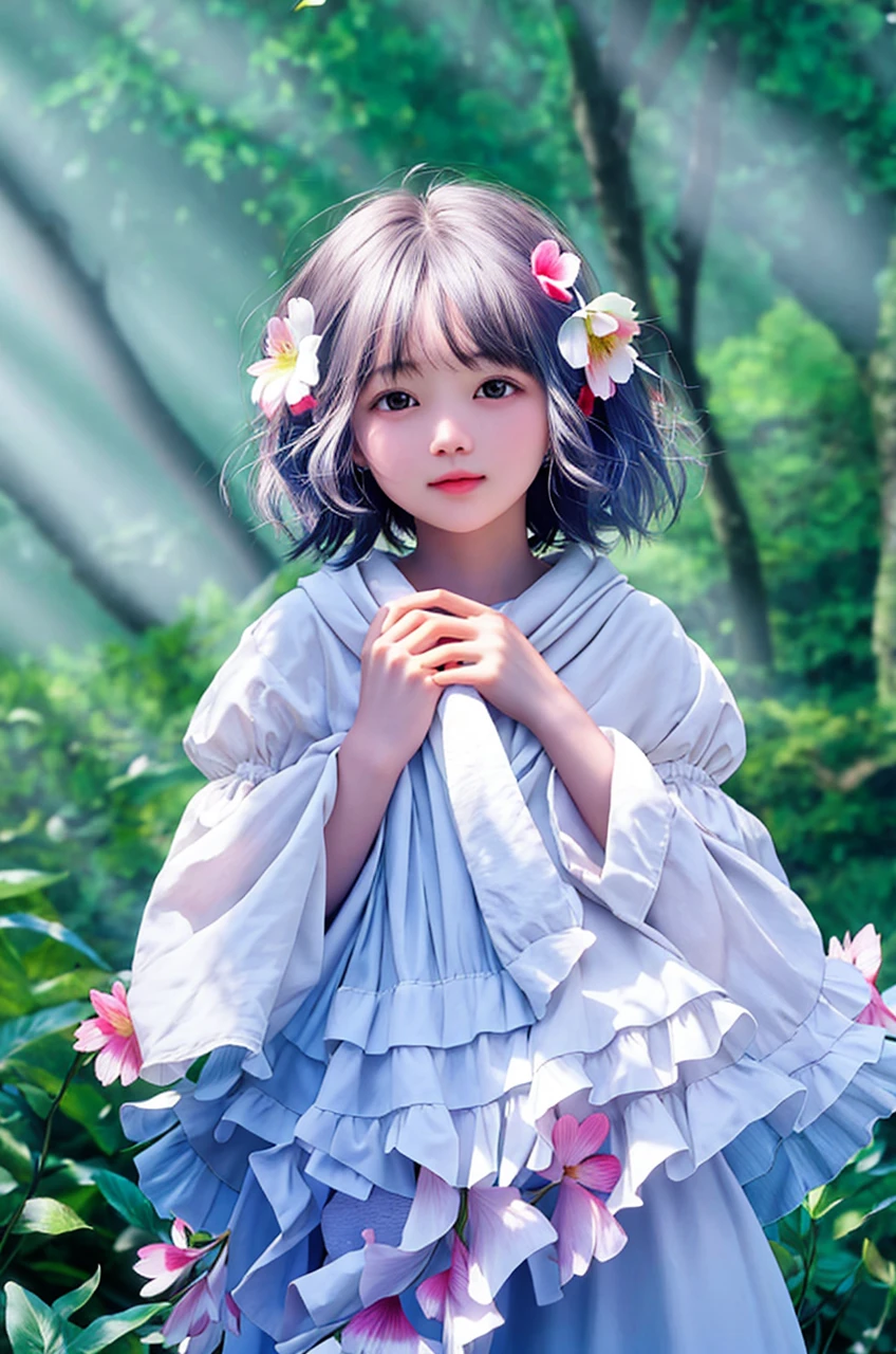 girl in a forest with floating flowers, river, puffy, puffy cheeks, cute,
vibrant colors, colorful art style,
soft lighting, soft shadows, detailed textures, dynamic lighting,
nice hands, perfect hands,
