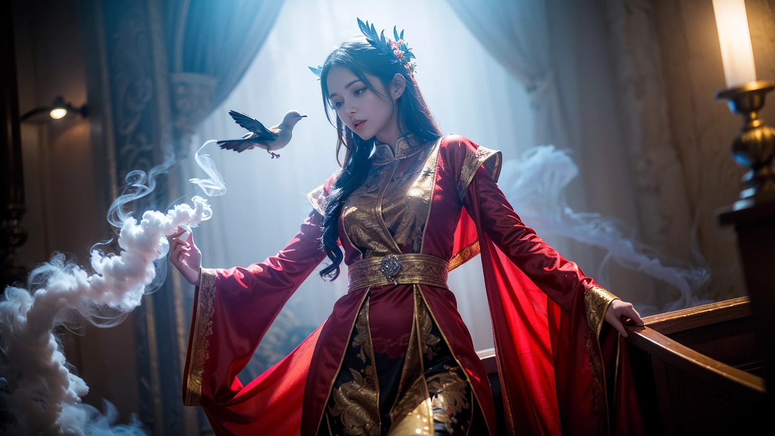 Atmospheric and open scene, Ancient Sacrificial Images, Filled with smoke, Birds in human clothes dance, Sunday Worship, (Detailed costume details, Detailed clothing light sense), Faintly Appearing, The bird's feathers are reproduced in minute detail, A complex and complicated picture, (Full of strange and mysterious photos), The background is cloudy, The photo is real, 8k,