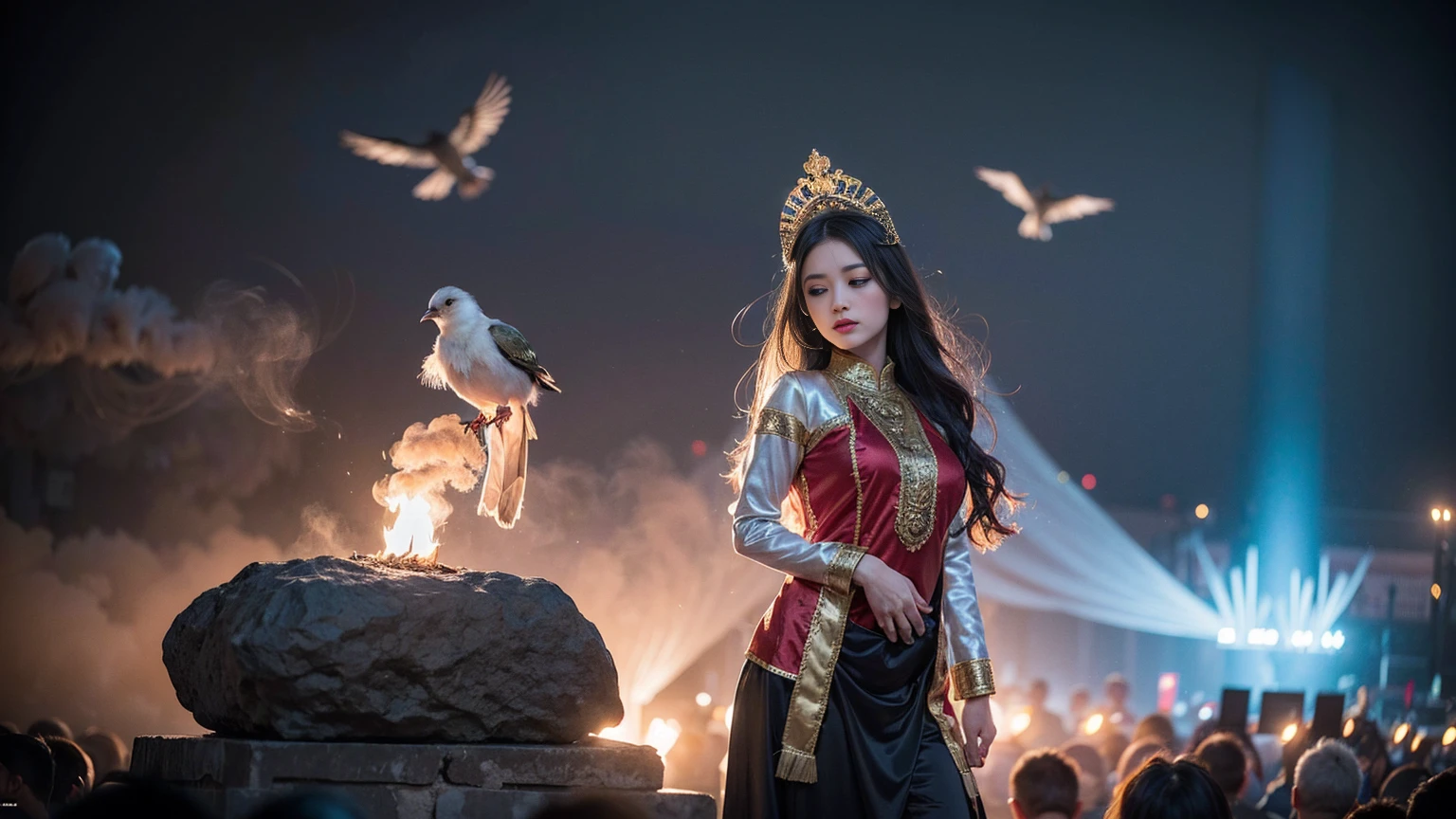Atmospheric and open scene, Ancient Sacrificial Images, Filled with smoke, Birds in human clothes dance, Sunday Worship, (Detailed costume details, Detailed clothing light sense), Faintly Appearing, The bird&#39;s feathers are reproduced in minute detail, A complex and complicated picture, (Full of strange and mysterious photos), The background is cloudy, The photo is real, 8k,
