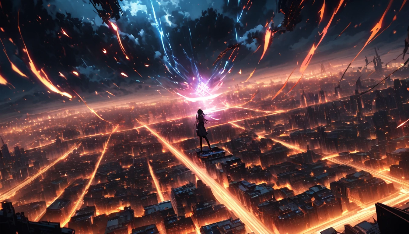 Breathtaking graphics, angle from the ground, shooting epic shots: a huge magic rune hovering over the city, breathtaking landscapes and impressive lighting effects that create impressive visual impressions, the destruction of the city, ((view from the ground: 1.2)), ((a girl with black hair in the foreground:1.2))