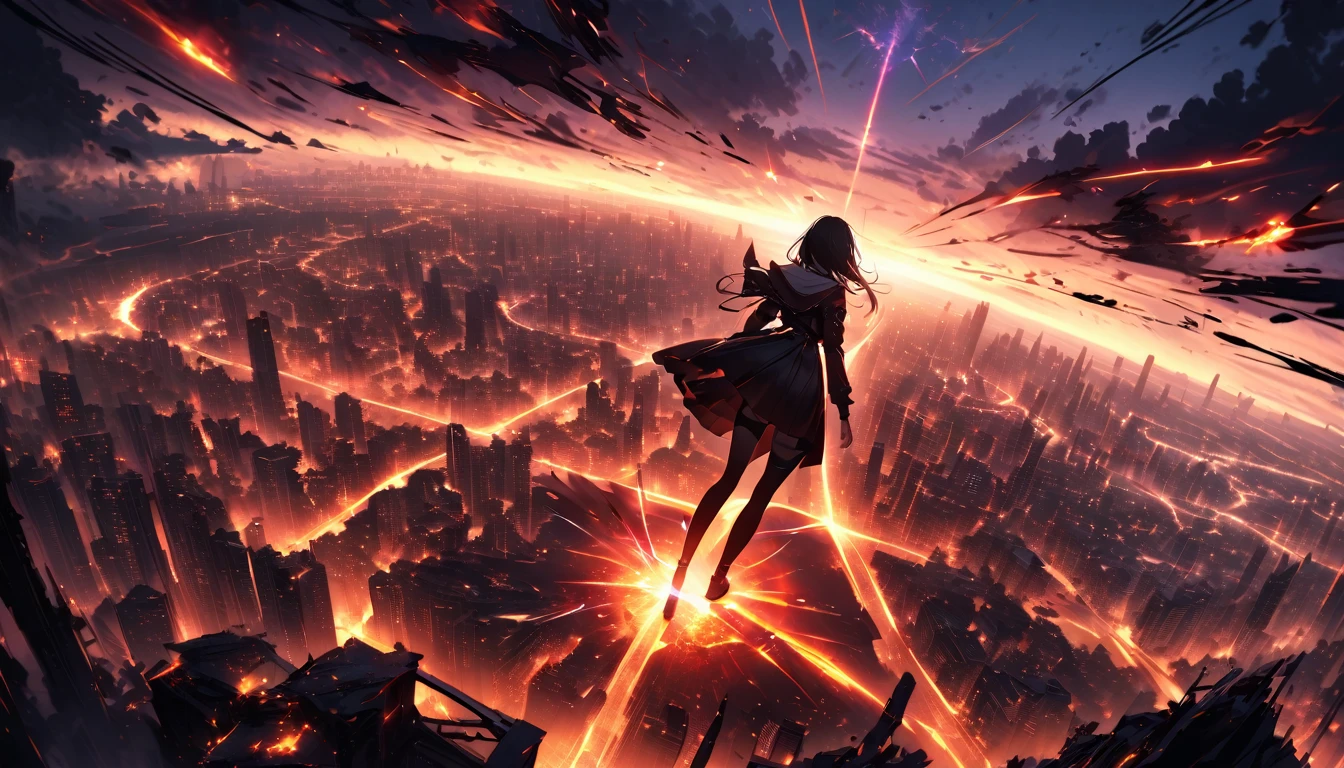 Breathtaking graphics, angle from the ground, shooting epic shots: a huge magic rune hovering over the city, breathtaking landscapes and impressive lighting effects that create impressive visual impressions, the destruction of the city, ((view from the ground: 1.2)), ((a girl with black hair in the foreground:1.2))