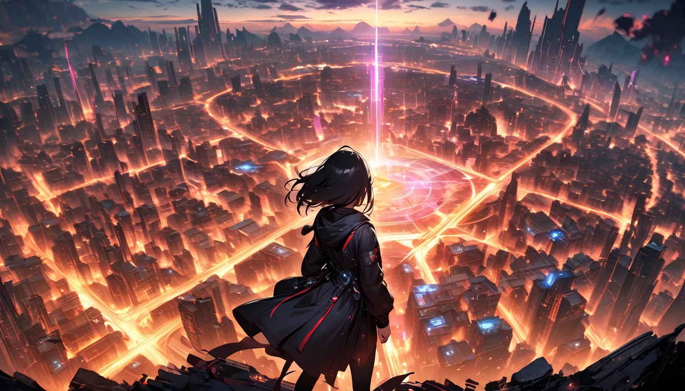 Breathtaking graphics, angle from the ground, shooting epic shots: a huge magic rune hovering over the city, breathtaking landscapes and impressive lighting effects that create impressive visual impressions, the destruction of the city, ((view from the ground: 1.2)), ((a girl with black hair in the foreground:1.2))