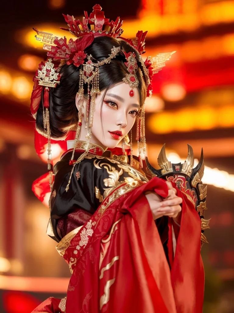 Araffe woman wearing a red and black dress and a red shawl., ornate cosplay, inspired by Lan Ying, a beautiful fantasy empress, cosplay anime, Hanfu, Chinese style, palace ， A girl in Hanfu, chinese suit, Chinese empress, ancient chinese princess, cosplay chica anime, inspiration from Li Mei Shu, ((a beautiful fantasy empress))