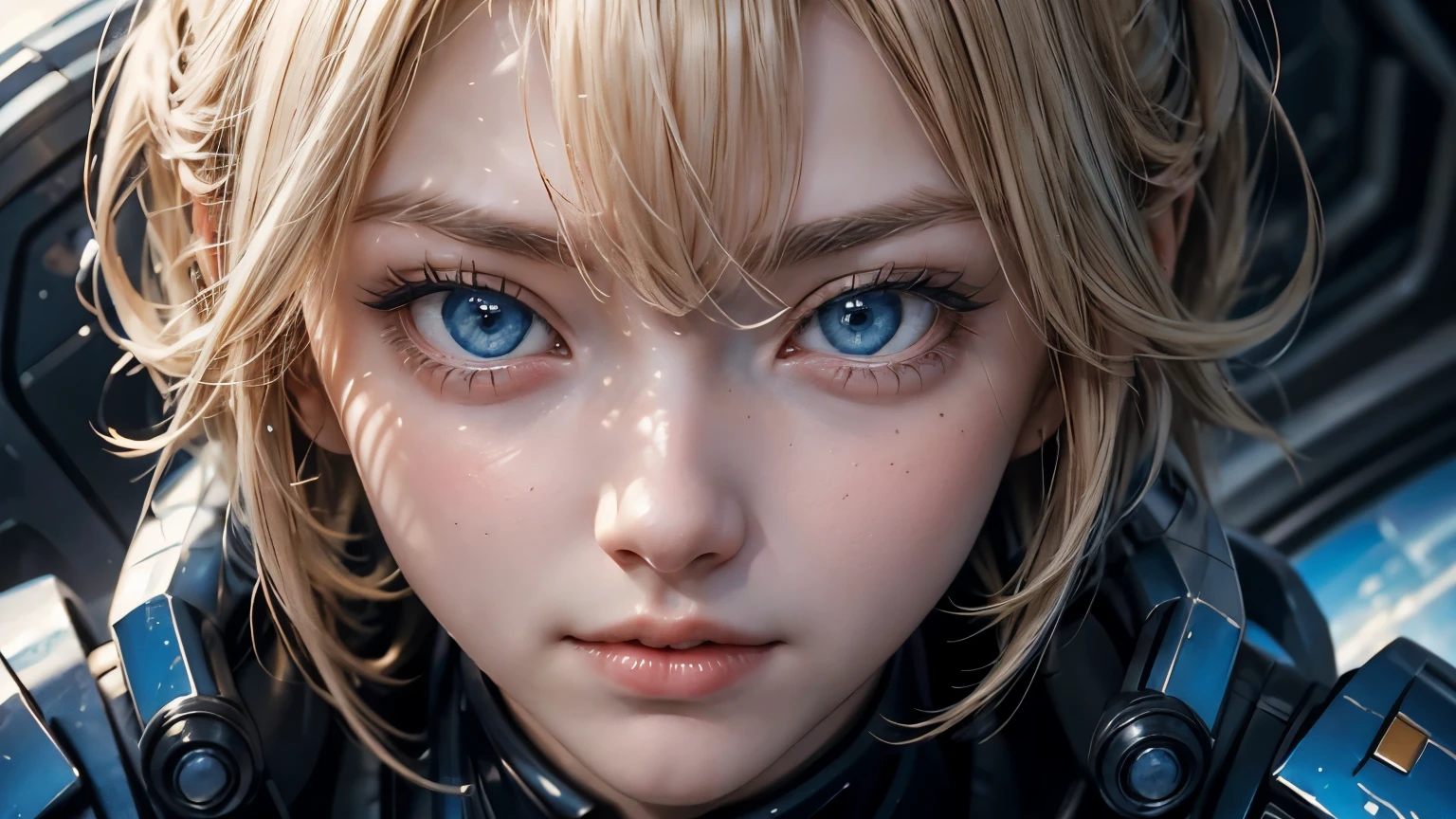 Upper body close-up image。One beautiful woman。Blonde hair and blue eyes。23 years old。Detailed drawing of faces。She is looking defiantly at the camera。She wears a blue-black metallic battle suit.。She is sitting at the controls of a small spaceship.。