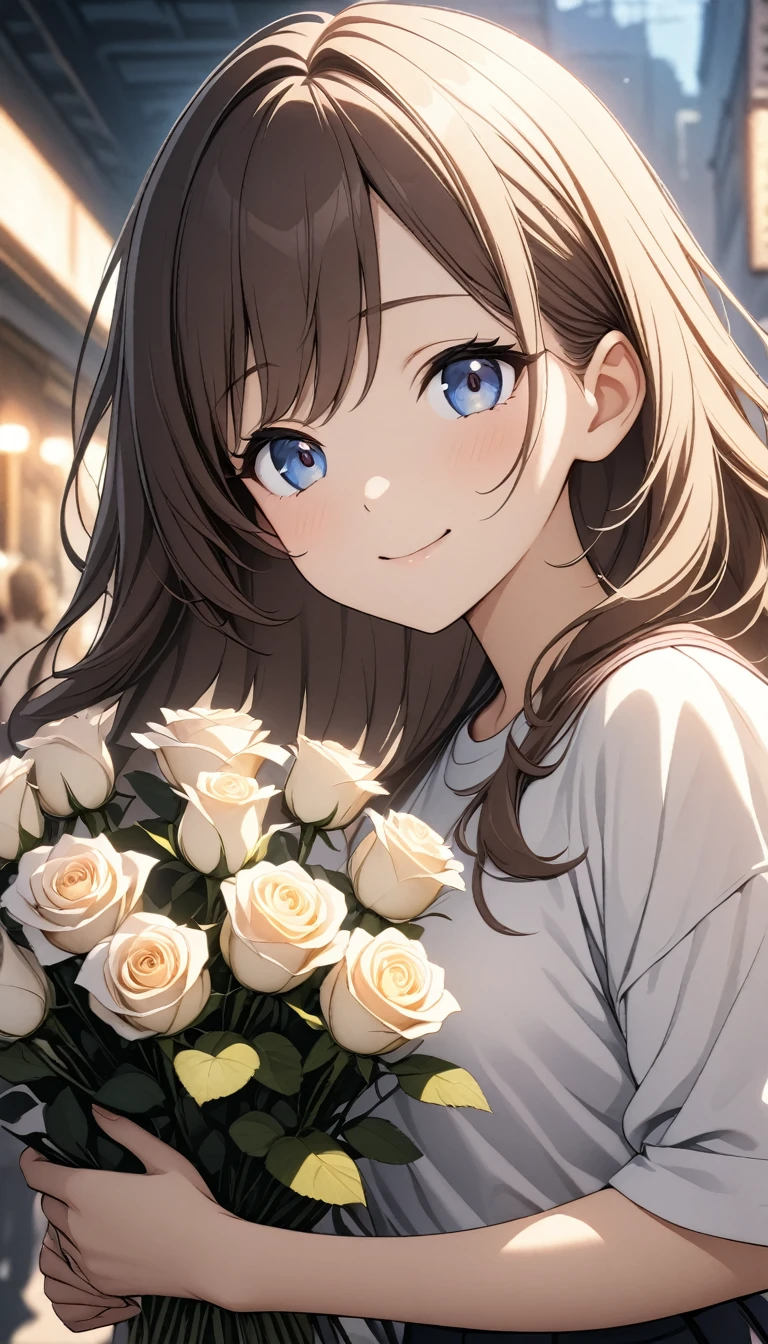 Intermediate View, Medium Shot, Shallow depth of field, Upper Body, front, masterpiece, Highest quality, Very detailed, CG, 8k wallpaper, Pretty face, Beautiful Eyes, girl, Lonely, smile,Holding three white roses, Chestnut long hair, shirt, skirt