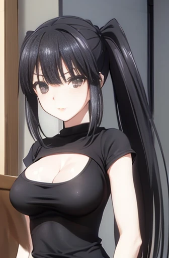 Optimal，masterpiece，High resolution，Highest quality，(Cowboy Shot)、Cute Face，Black Hair、Long Hair、Twin tails、((Shoot from the front:1.5)), ((Tight black t-shirt:1.5)). ((Beautiful nipples))、((Big Breasts:1.5)), 