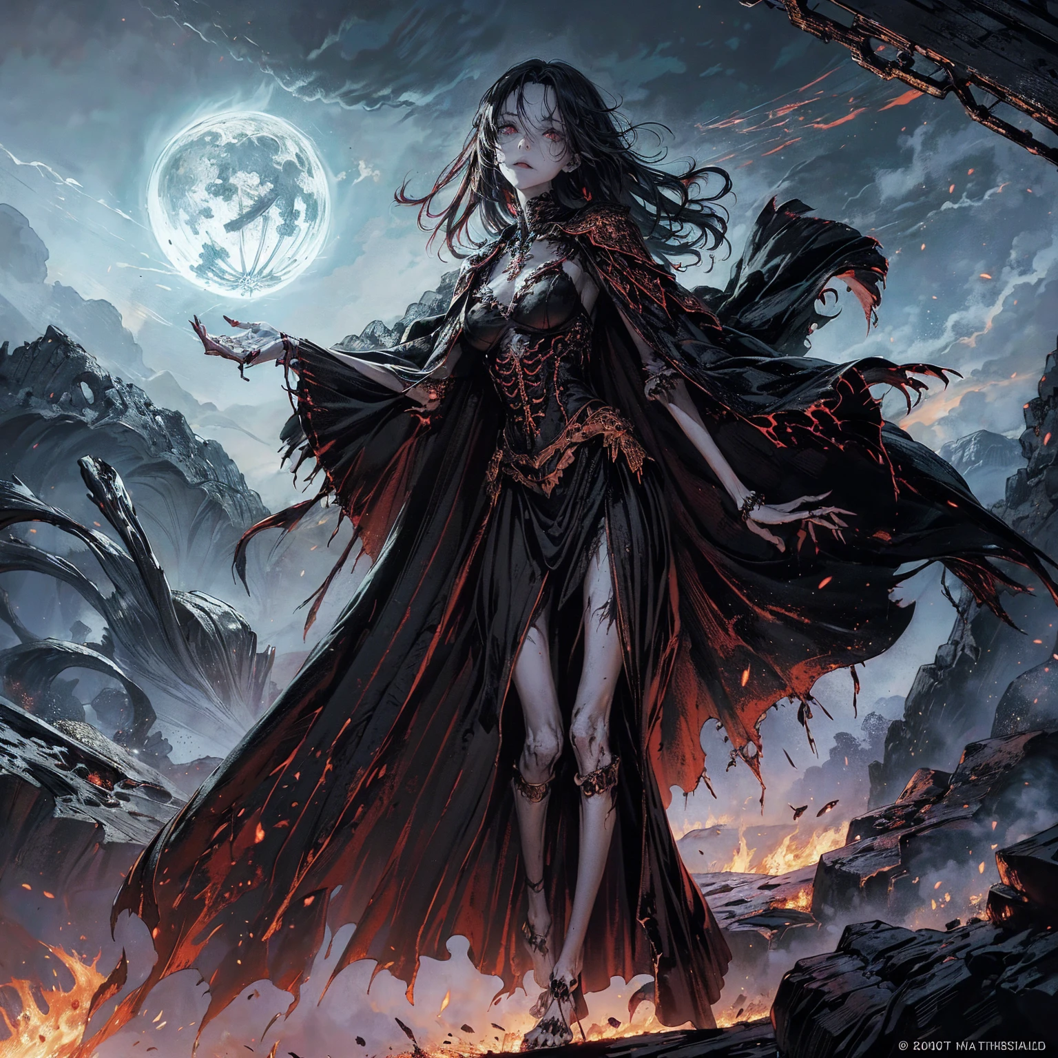 (full body:1.5), (wide shot:1.2), best quality, 4K, high resolution, (masterpiece:1.2), Very detailed, (actual:1.37), (anatomically correct:1.2), Mood lighting, A black hair young undead girl in a long cape, Whole body including hands & arms & legs & feet are all skeleton bones but except the head is still beautiful human face, Wearing a ragged gothic skirt, Shaded expression, Aloofness emotion, Dangerous sneer, beautiful but sorrowful smile, Black tears of blood flowed from eyes, lean on one side floating above ground, Facing the camera, Crucified, Pitch black sky, Blood-red moon, strange atmosphere, Gothic style, Unforgettable beauty, Dramatic shadows, Ethereal Light, Mysterious atmosphere, Necromancer, Dark Magic, Resurrection of the Dead, Resurrected zombies and skeletons roaming around.