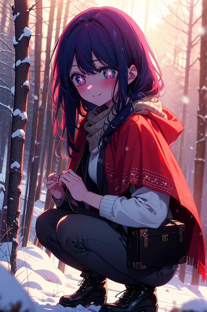 aihoshino, Ai Hoshino, Long Hair, bangs, (Purple eyes:1.1), Purple Hair, (Symbol-shaped pupil:1.5), smile,,smile,blush,white breath,
Open your mouth,snow,Ground bonfire, Outdoor, boots, snowing, From the side, wood, suitcase, Cape, Blurred, , forest, White handbag, nature, Squat, Mouth closed, Cape, winter, Written boundary depth, Black shoes, red Cape break looking at viewer, Upper Body, whole body, break Outdoor, forest, nature, break (masterpiece:1.2), Highest quality, High resolution, unity 8k wallpaper, (shape:0.8), (Beautiful and beautiful eyes:1.6), Highly detailed face, Perfect lighting, Highly detailed CG, (Perfect hands, Perfect Anatomy),