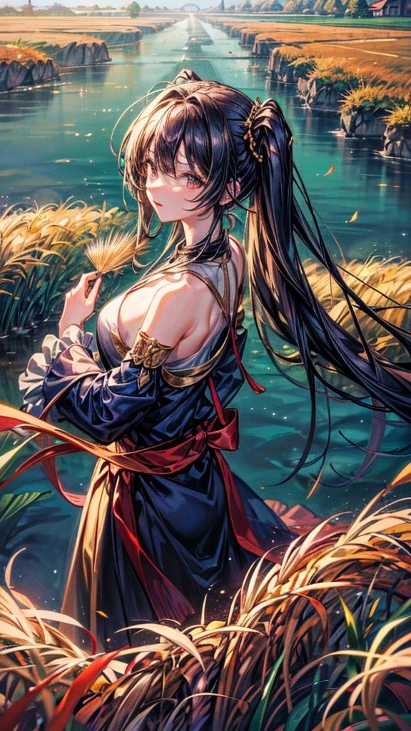 Masterpiece, best quality, (very detailed CG unified 8k wallpaper) (best quality), (best illustration), (best shade) nature harvest wheat, super meticulous , wide landscape girl in the field near river japanese anime