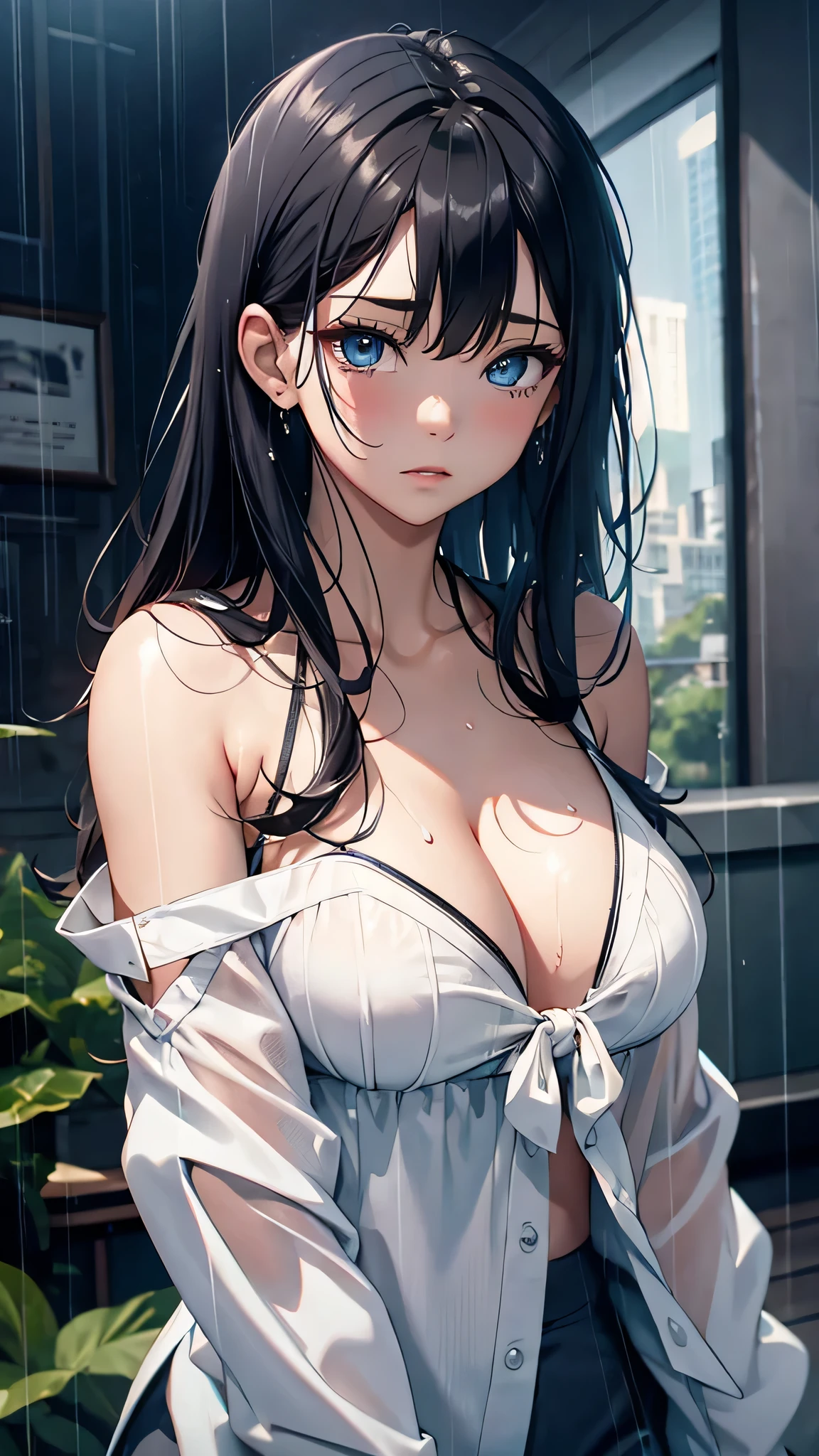 最high quality、Best image quality、masterpiece、With a girl((cute、、Best Bust、Medium Bust、Beautiful Blue Eyes、Spread your chest wide,Black Hair、Disheveled Hair、thin、Highest Valley、white open Y shirt,Black trousers、Teary whole body is wet、cry))high quality、Beautiful art、background((night、heavy rain、City、Dark Clouds)),Tabletop、Exquisite design、Visual Arts、Written boundary depth、Best lighting、Highest detail、8k