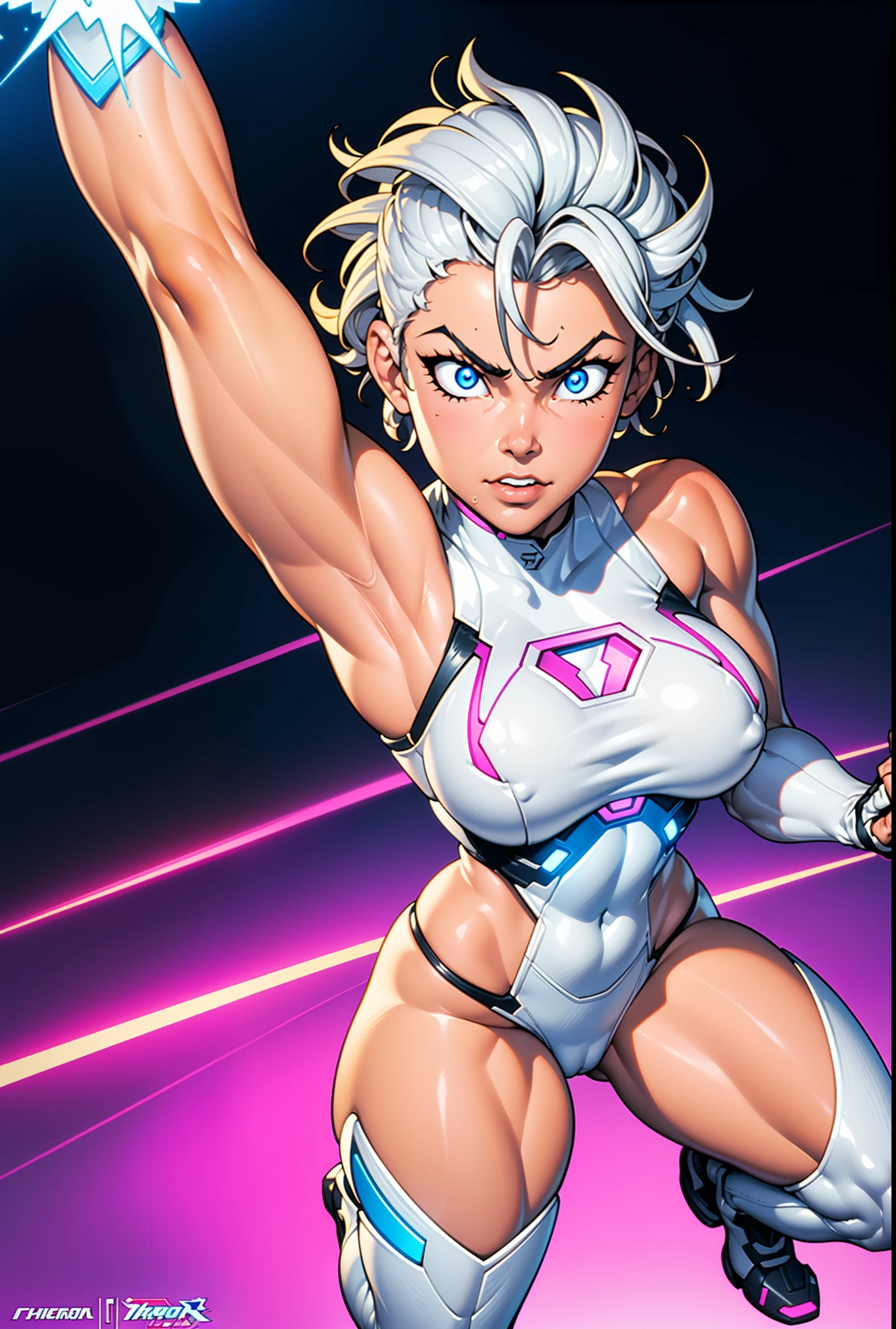 Digital painting of a woman with silver and white messy hair, Superhero, Muscle Girl, frying, Pose, fist up, From above, 1 knee up, bare shoulder, Behance Contest Winner, Afrofuturism, Synthwave, neon, glowing neon, Huge saggy breasts, (cute smile face:0.25),