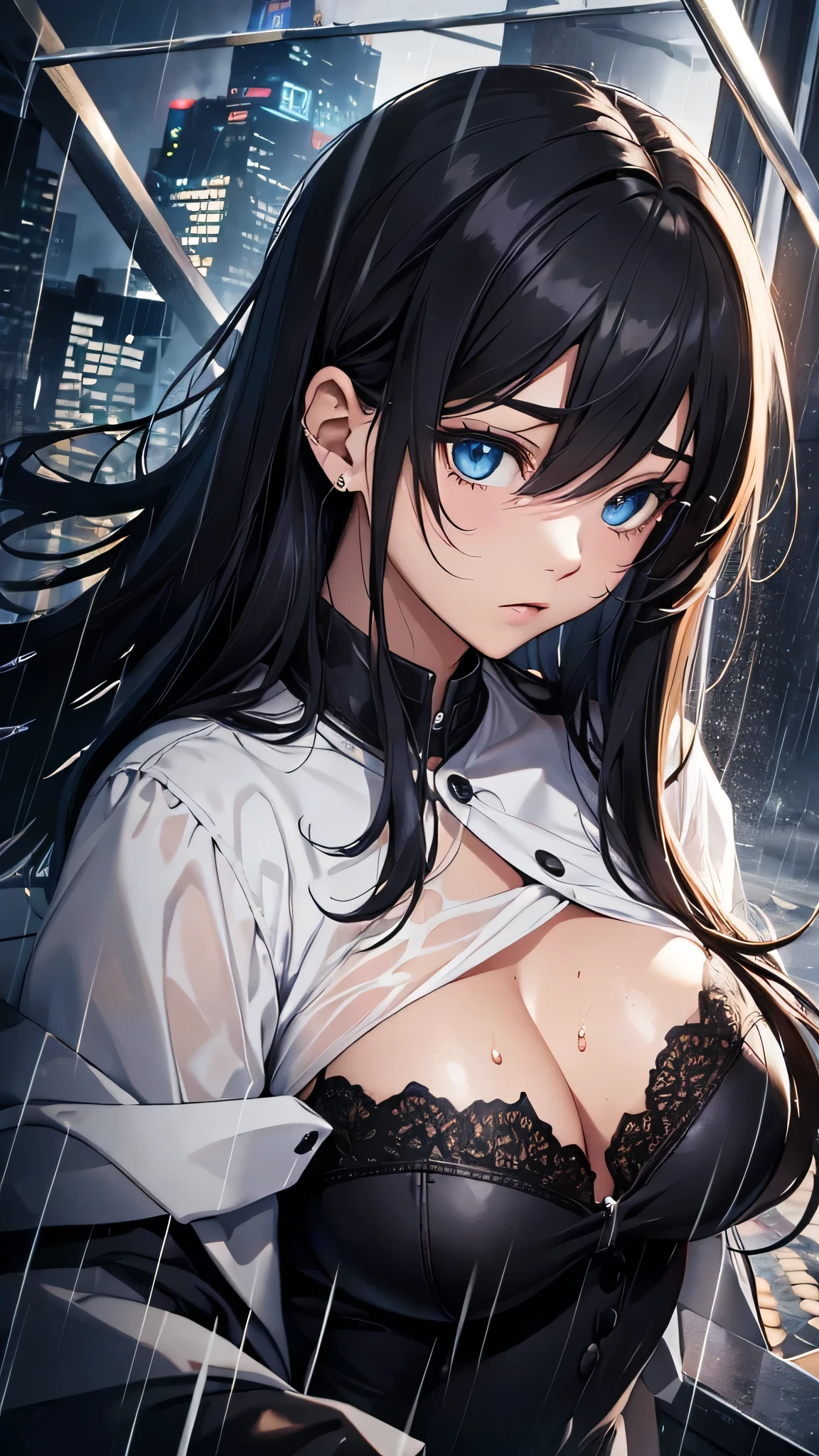 最high quality、Best image quality、masterpiece、With a girl((cute、、Best Bust、Medium Bust、Beautiful Blue Eyes、Spread your chest wide,Black Hair、Disheveled Hair、thin、Highest Valley、white open Y shirt,Black trousers、Teary whole body is wet、cry))high quality、Beautiful art、background((night、heavy rain、City、Dark Clouds)),Tabletop、Exquisite design、Visual Arts、Written boundary depth、Best lighting、Highest detail、8k