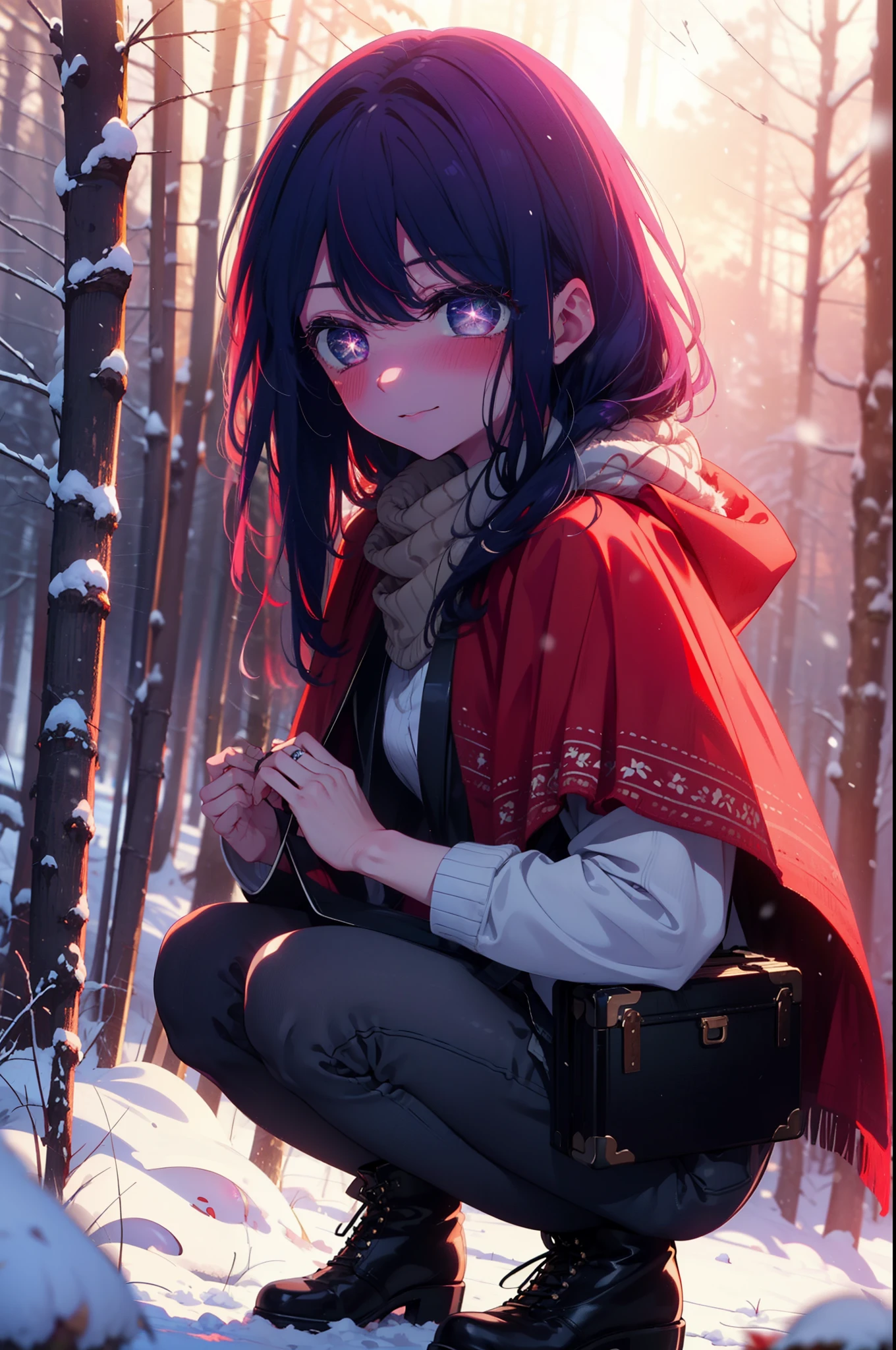 aihoshino, Ai Hoshino, Long Hair, bangs, (Purple eyes:1.1), Purple Hair, (Symbol-shaped pupil:1.5), smile,,smile,blush,white breath,
Open your mouth,snow,Ground bonfire, Outdoor, boots, snowing, From the side, wood, suitcase, Cape, Blurred, , forest, White handbag, nature, Squat, Mouth closed, Cape, winter, Written boundary depth, Black shoes, red Cape break looking at viewer, Upper Body, whole body, break Outdoor, forest, nature, break (masterpiece:1.2), Highest quality, High resolution, unity 8k wallpaper, (shape:0.8), (Beautiful and beautiful eyes:1.6), Highly detailed face, Perfect lighting, Highly detailed CG, (Perfect hands, Perfect Anatomy),