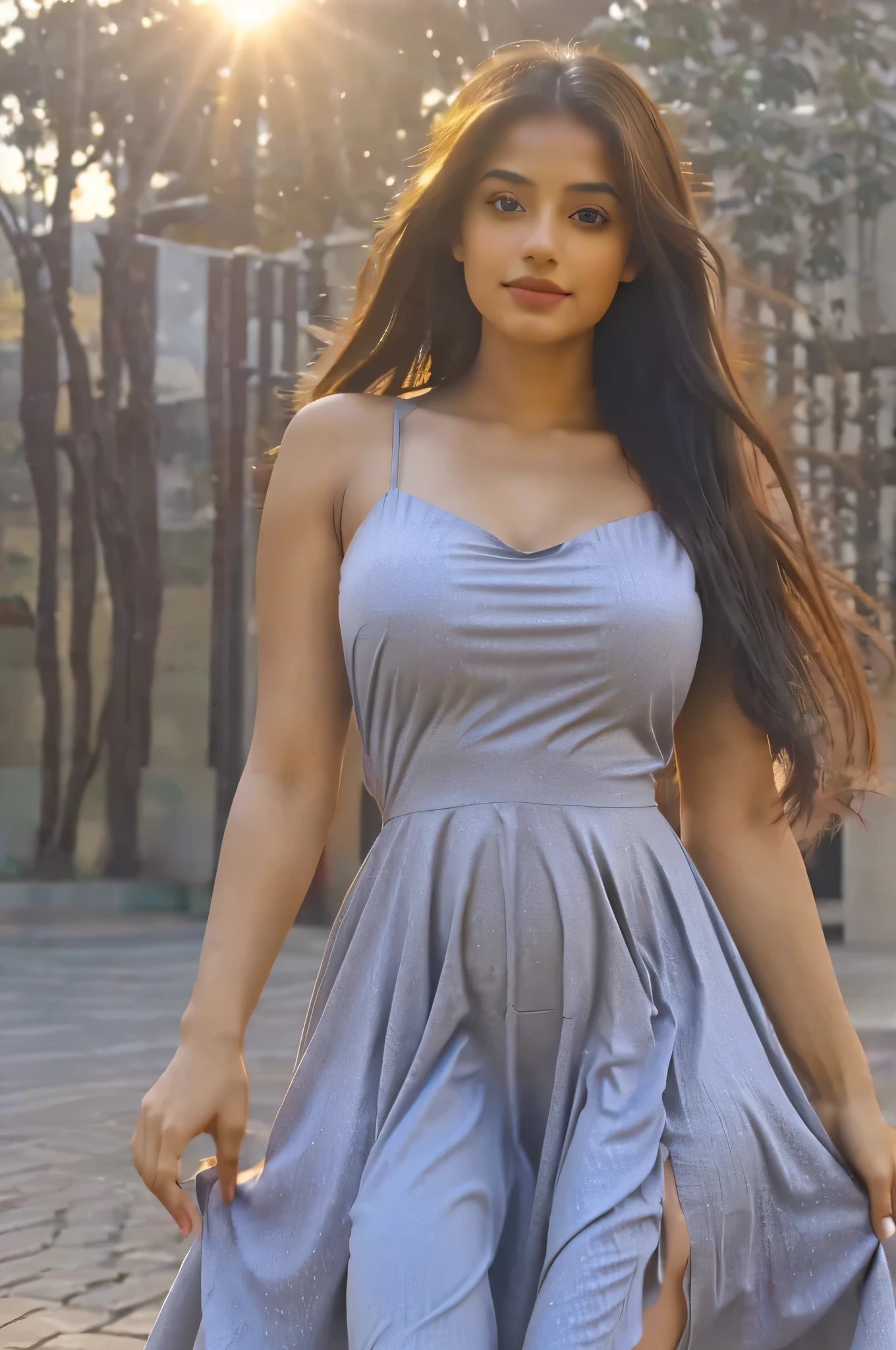 Portrait of A confident-looking indian girl with long flowing hair, hazel eyes, fair composition, hyperrealistic, super detailed, 8k, super high quality, trending art, dancing moves, fairy dress, grey dress, medium breasts, day light, sun