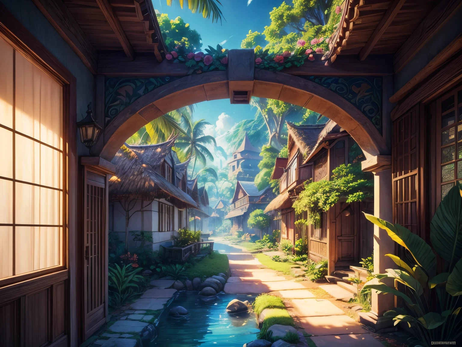 intricate tropical village, sunny day, several happy children, colorful houses, lush vegetation, winding paths, cute animals, vibrant colors, dynamic composition, ethereal lighting, dreamlike atmosphere, masterful execution, photorealistic, incredibly detailed, 4k, best quality, (extremely detailed:1.2), (highly detailed:1.2), (extremely intricate:1.2), (incredibly vivid:1.3), (vibrant colors:1.2), (lush foliage:1.2), (whimsical:1.1), (magical realism:1.1), (soft lighting:1.1), (warm tones:1.1)