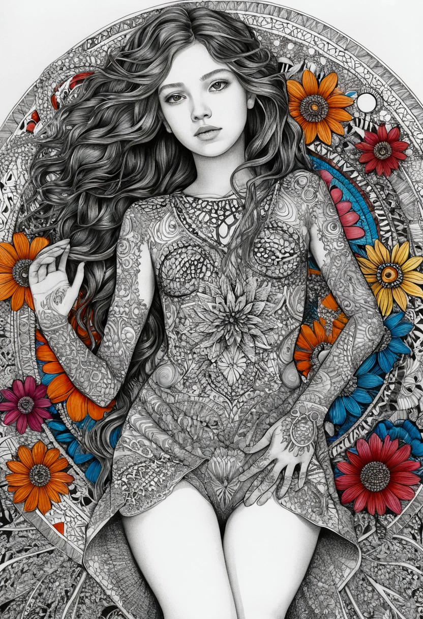 Official Art, whole body, Super detailed, beautiful and aesthetic, beautiful, masterpiece, Highest quality, (zenTangle, Mandala, Tangle, enTangle), (Flower Ecstasy:1.2) Dynamic Angle, Girl, the most beautiful form of chaos, elegant, , Vibrant colors, Romanticism, Atmospheric Vibrant colors, Romanticism, Atmospheric,Girl, whole body,feet