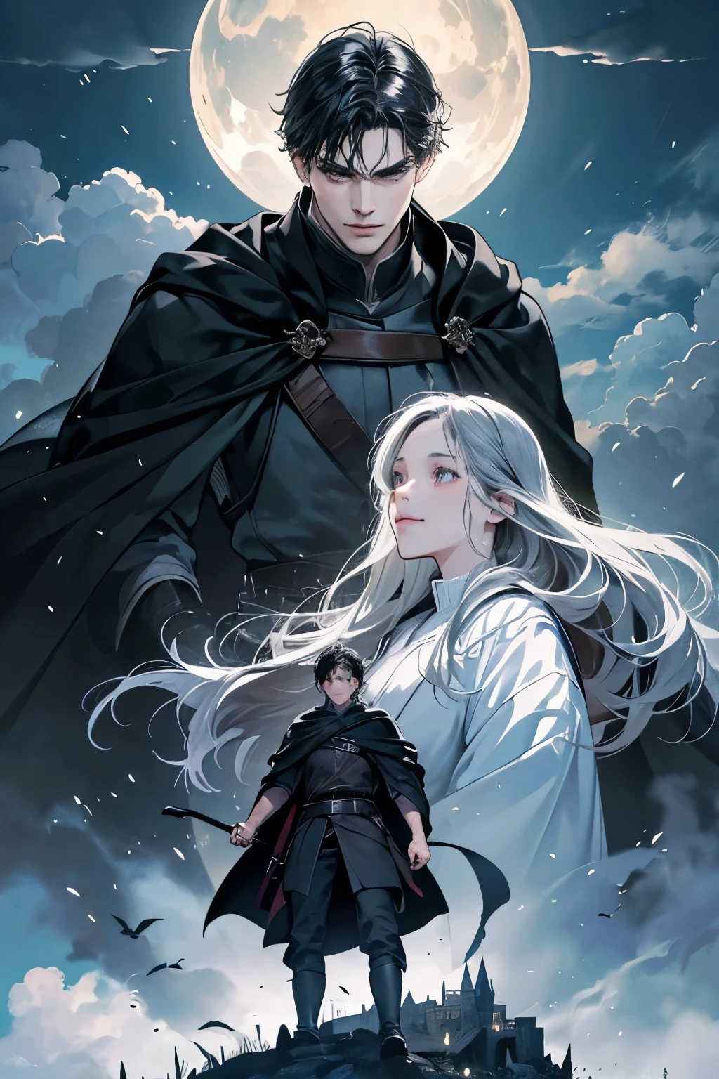 High quality masterpiece, super detailed, super emotion detailed, castle with grass, cold colours dramatic lighting, movie scene, anime style, perfect face, clean eyes, Middle Ages, clean emotions, full body! A cold mean man with black short curly hair, in expensive black Loose robe, with gray shining eyes, he is dark lord, he is cool. He is looking with warm smile to his adult daughter who also has black hair. super quality, 4K, clean eyes, super quality ever! detailed emotions! dark fantasy!, middle ages! They look happy, clear eyes, he is with his adult daughter!!!!!