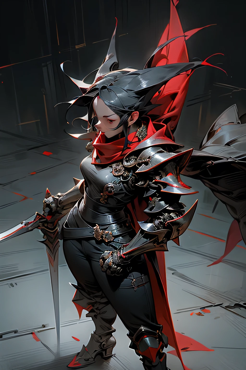 ninja, female, mechanical, heavy metal, armor, darkness, wielding chained sickle, spikes, long red scarf, standing on top of a skyscraper, best quality, high resolution, 8k, dynamic lighting, rough texture, shadowing