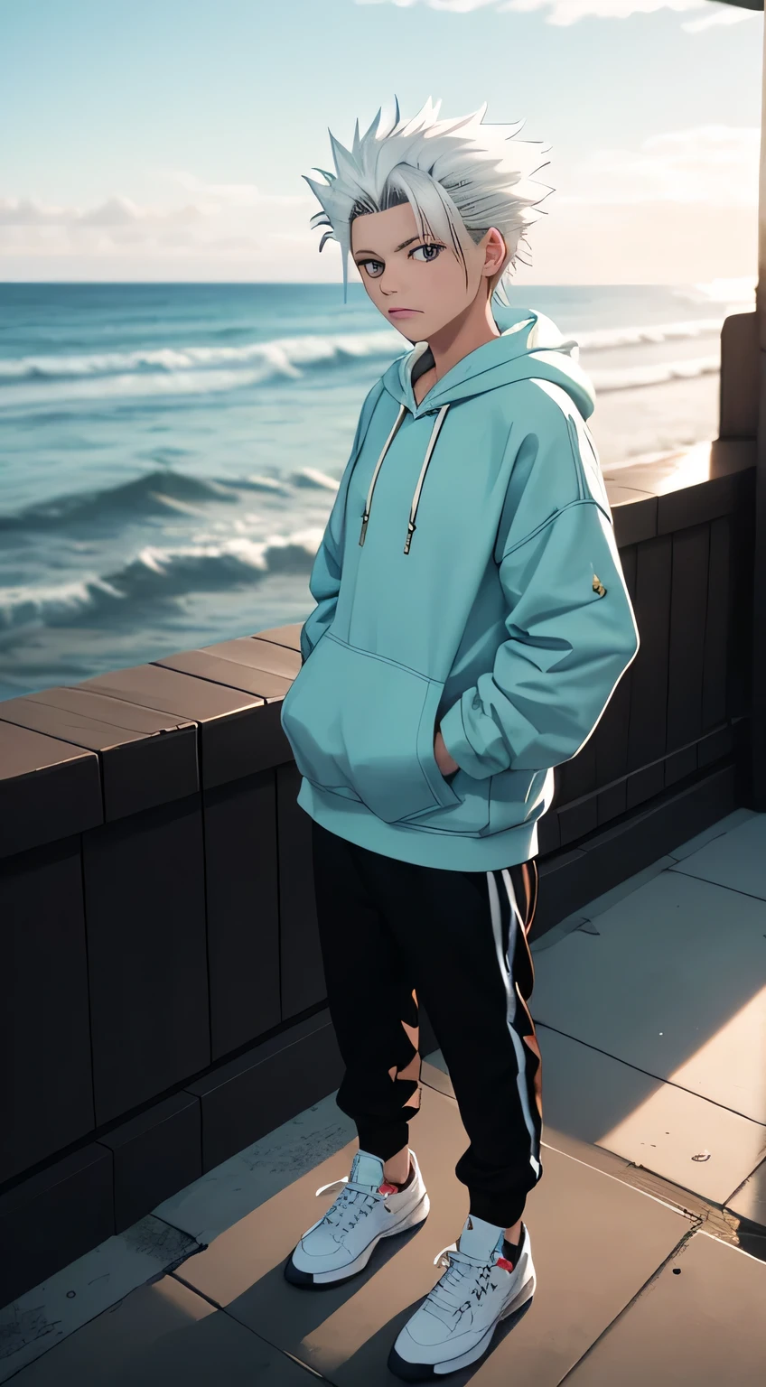 masterpiece, best quality, high quality, 1boy, solo, male focus, looking at ocean, full  body, hitsugaya_toushirou, wearing Streetwear Hoodie, dinamic lighting, morning background ,his hand in his pocket , thinking some thing ,little sad 