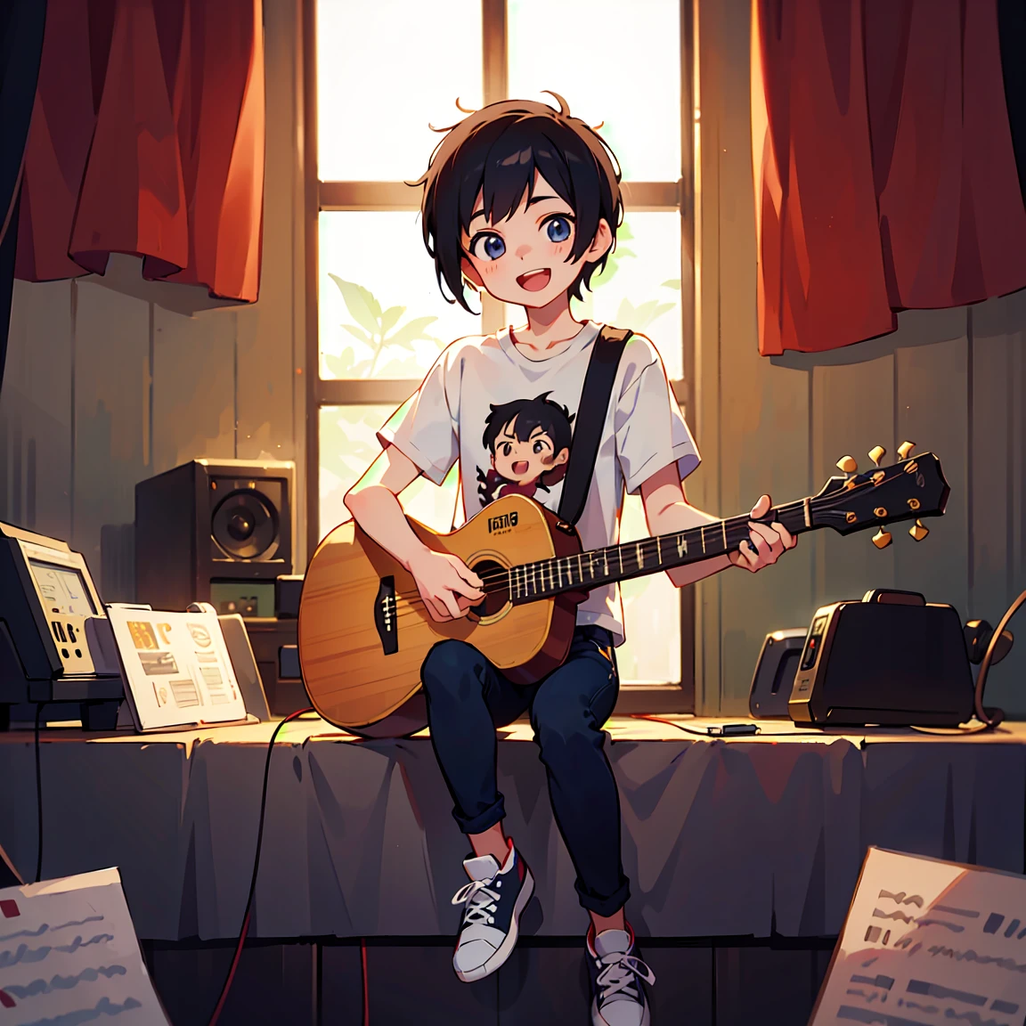 Highest quality、anime、boy、18-year-old、One person、whole body、3 heads、boyish、smile、Sing a song、Short Hair、Black Hair、White T-shirt、Black jeans、White sneakers、Acoustic guitar、Facing forward、