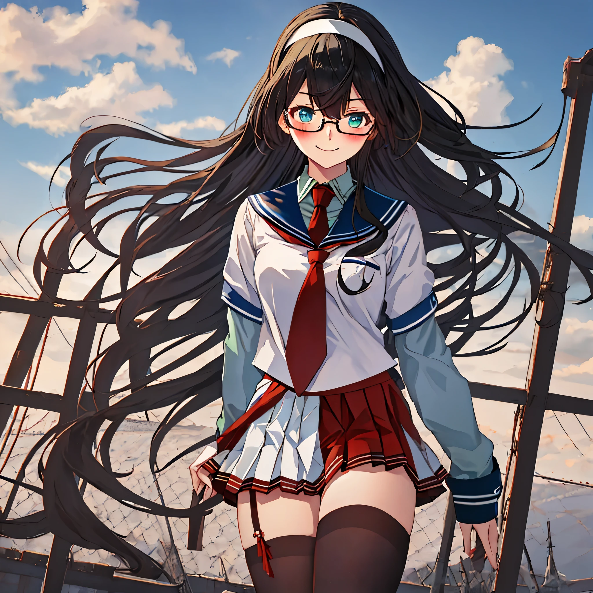 best quality, masterpiece, highres, solo, {ooyodo_kantaicollection:1.15}, black_hair, long_hair, glasses, hairband, semi-rimless_eyewear, under-rim_eyewear, blue_eyes, green_eyes, blush,small_breasts, 1girl, school_uniform, serafuku, pleats_skirt, looking_at_viewer, necktie, harbor_town_background, red_necktie,(angry:0.7),smile,,thigh-highs,solo