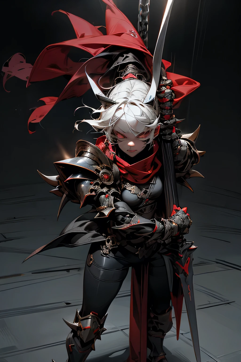 ninja, female, mechanical, heavy metal, armor, darkness, wielding chained sickle, spikes, long red scarf, standing on top of a skyscraper, best quality, high resolution, 8k, dynamic lighting, rough texture, shadowing