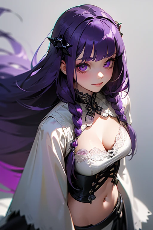 1 girl, Blunt bangs, Braiding, Wide sleeves, hair ornaments,, (Purple Hair:1.2), Very long hair, Straight hair, Looking at the audience, Highly detailed background, (Realistic:1.2), Beautiful Eyes, Red eyeshadow, Written boundary depth,thigh, (Urzan-6500:0.7), Upper Body, (alone:1.2), (Cyberpunk City:1.1), Cleavage,,Glowing Skin、(Navel exposed).((Face close-up))、((smile))、(look up)、(White lace outfit).((Gothic ta)).((和風hair ornaments)).